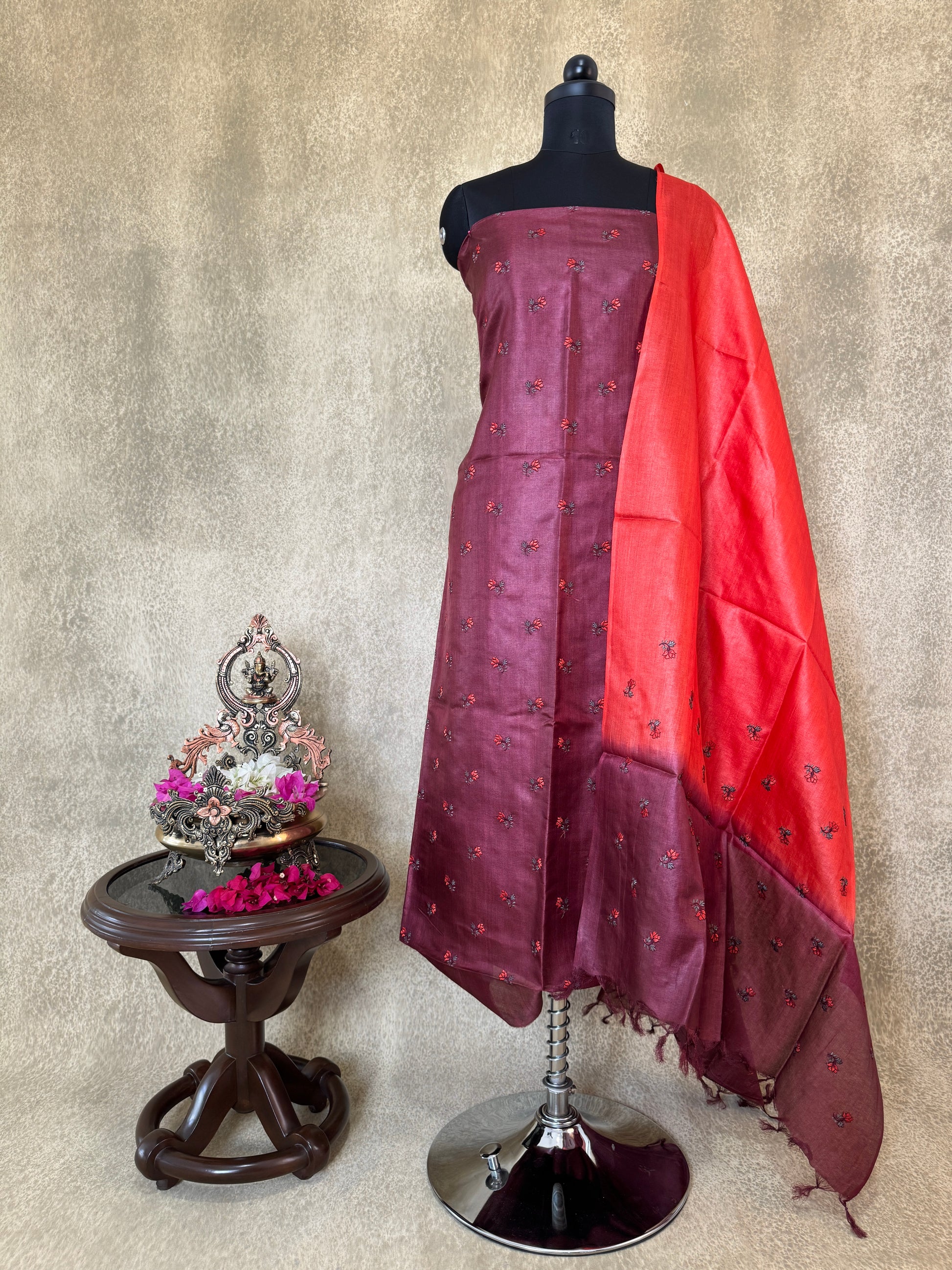 Maroon Floral Embroidered Pure Tussar Salwar Set
