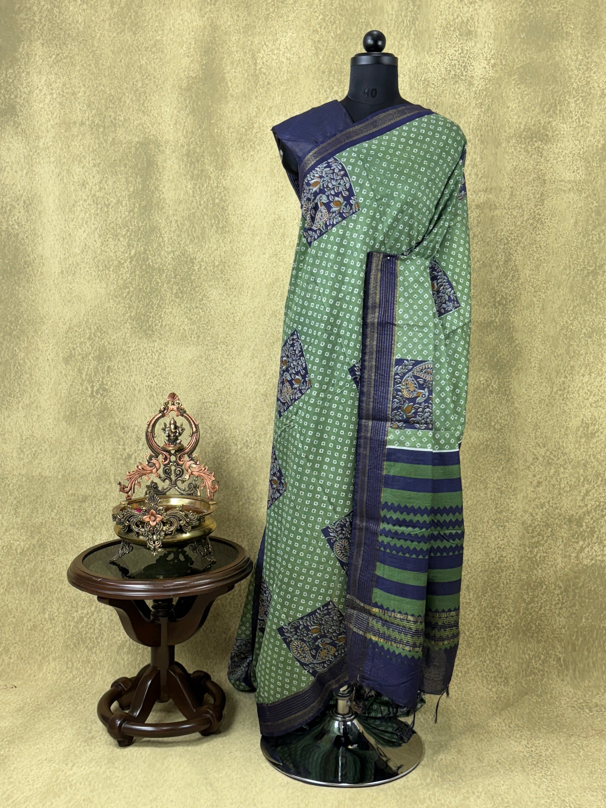 Green with Peacock Motif - Chanderi Cotton Saree
