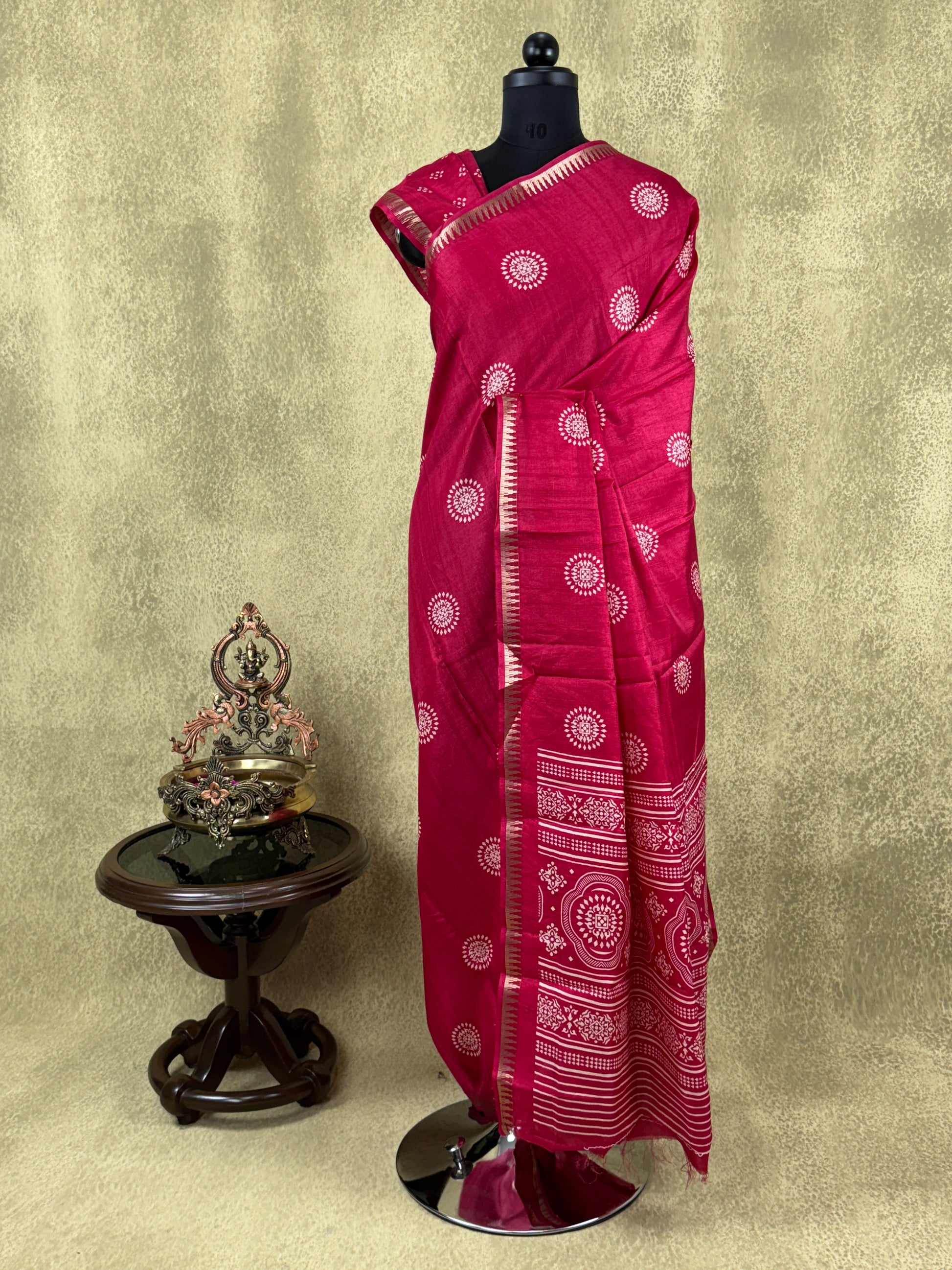Bright Pink with Mandala Motifs- Matka Cotton Saree