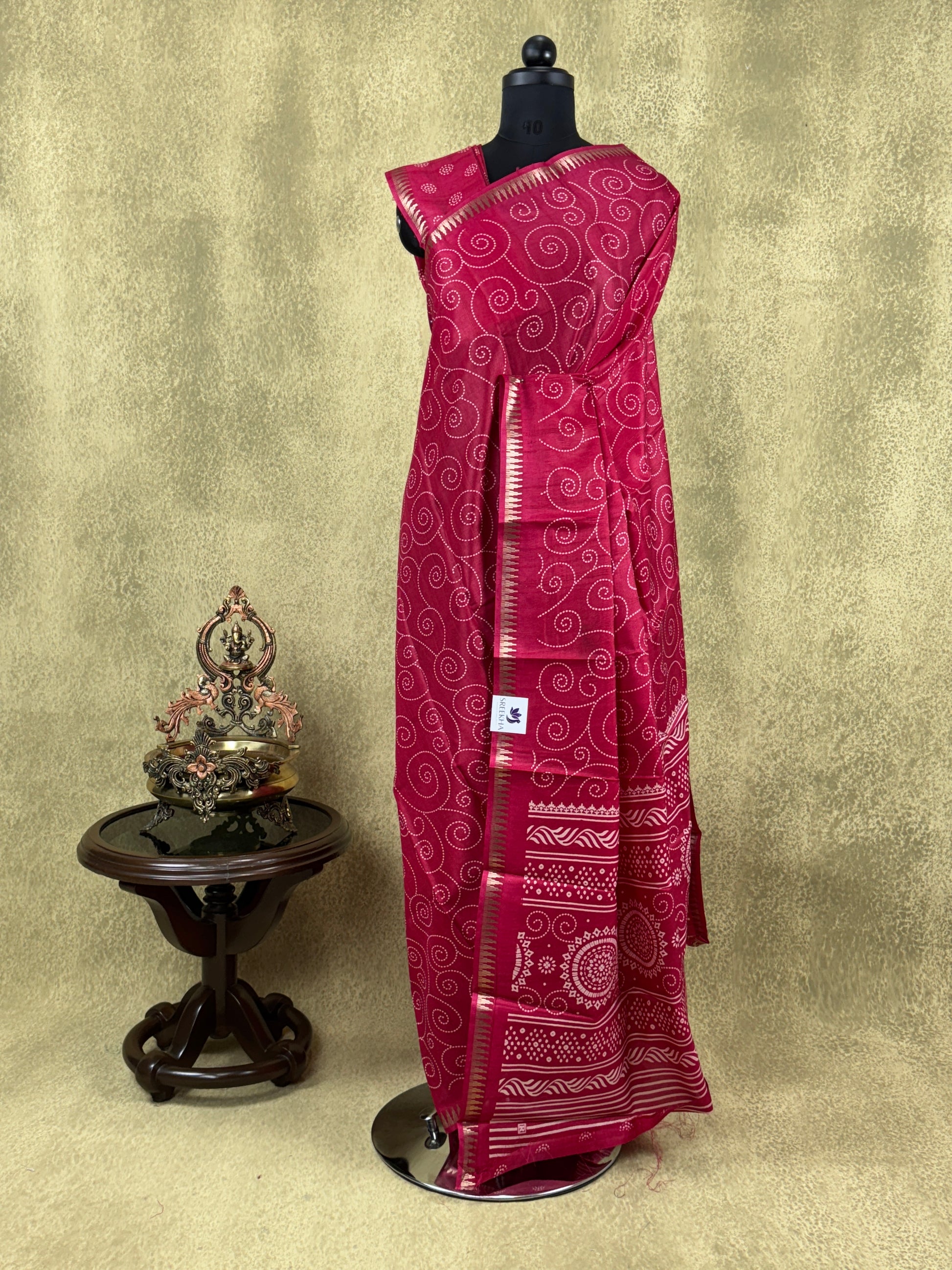 Bright Pink with Swirl Motifs- Matka Cotton Saree
