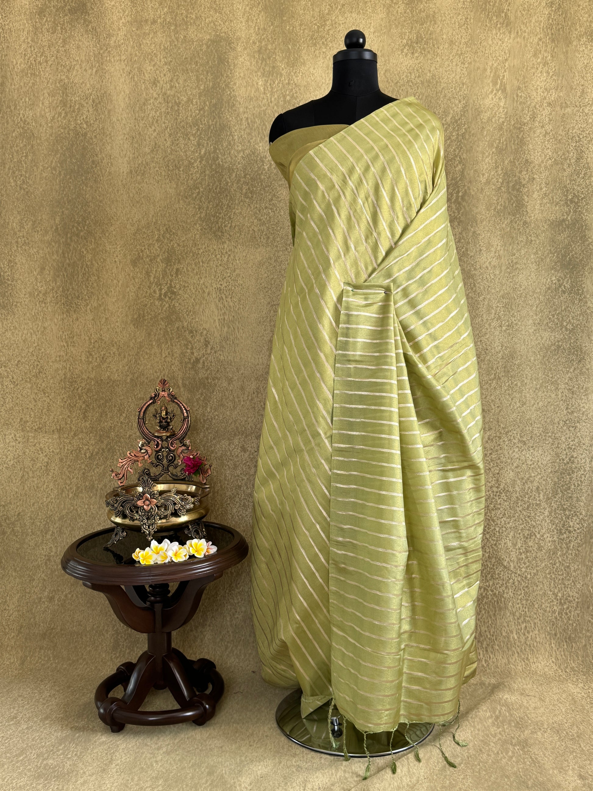 Green Tissue Saree with Gold Stripes
