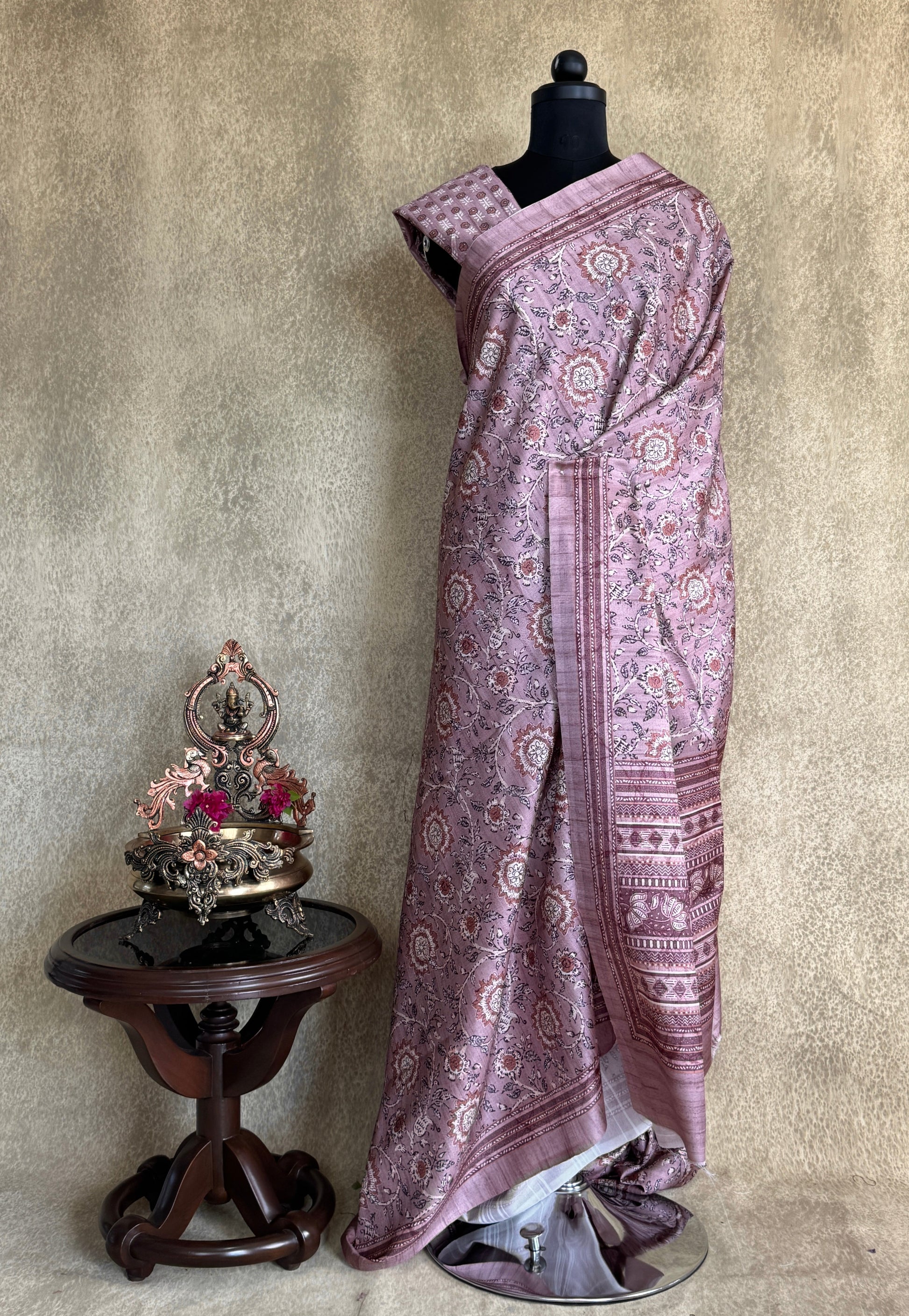 Dusty Mauve Semi Tussar Saree with Floral Print