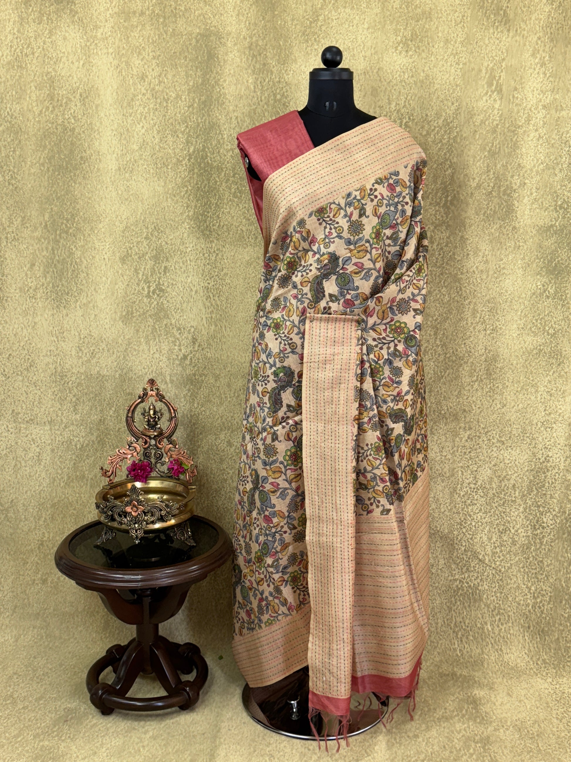 Beige and Pink with Kalamkari Pattern - Semi Tussar Saree