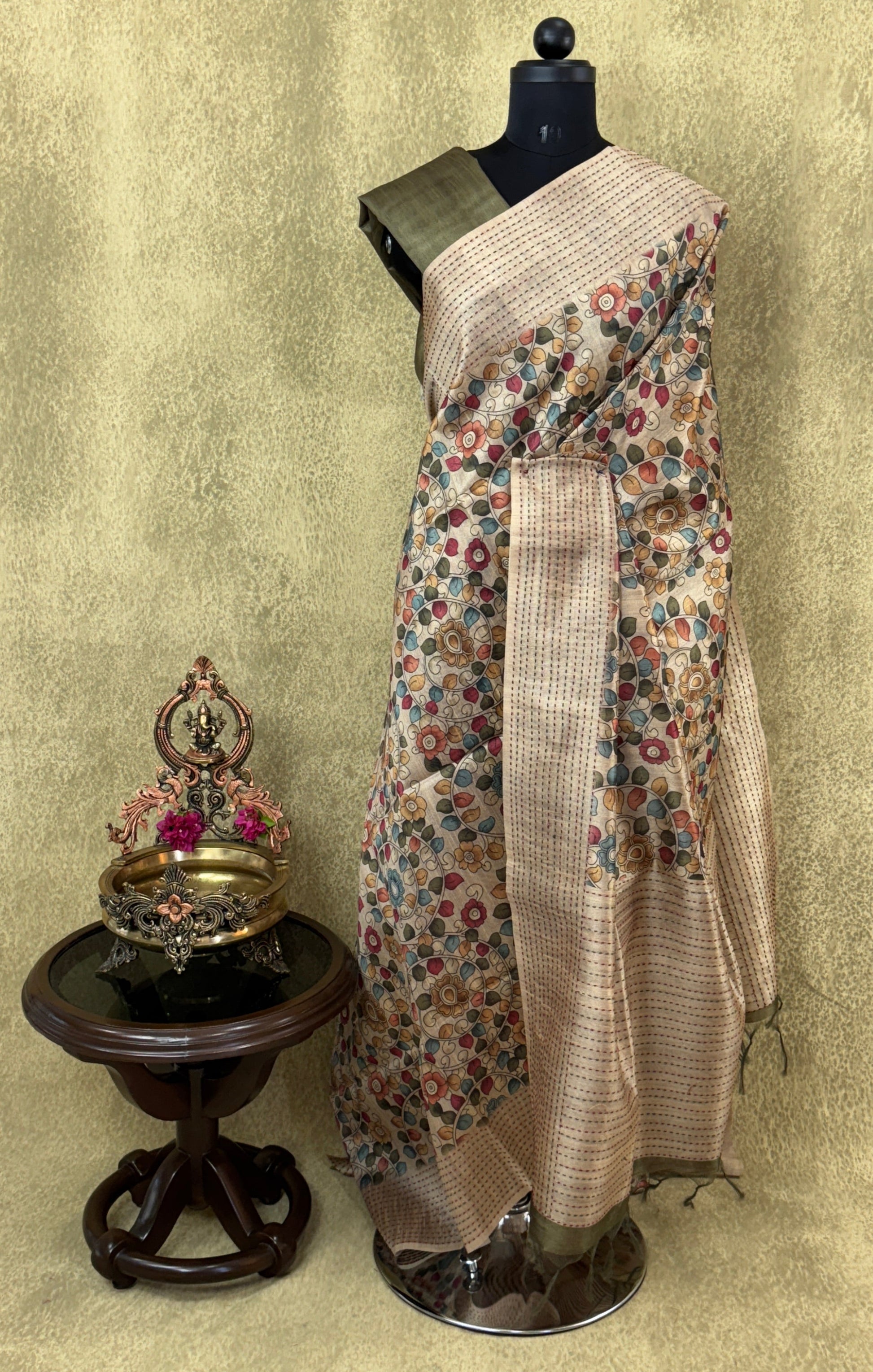 Beige and Olive Green with Kalamkari Pattern - Semi Tussar Saree