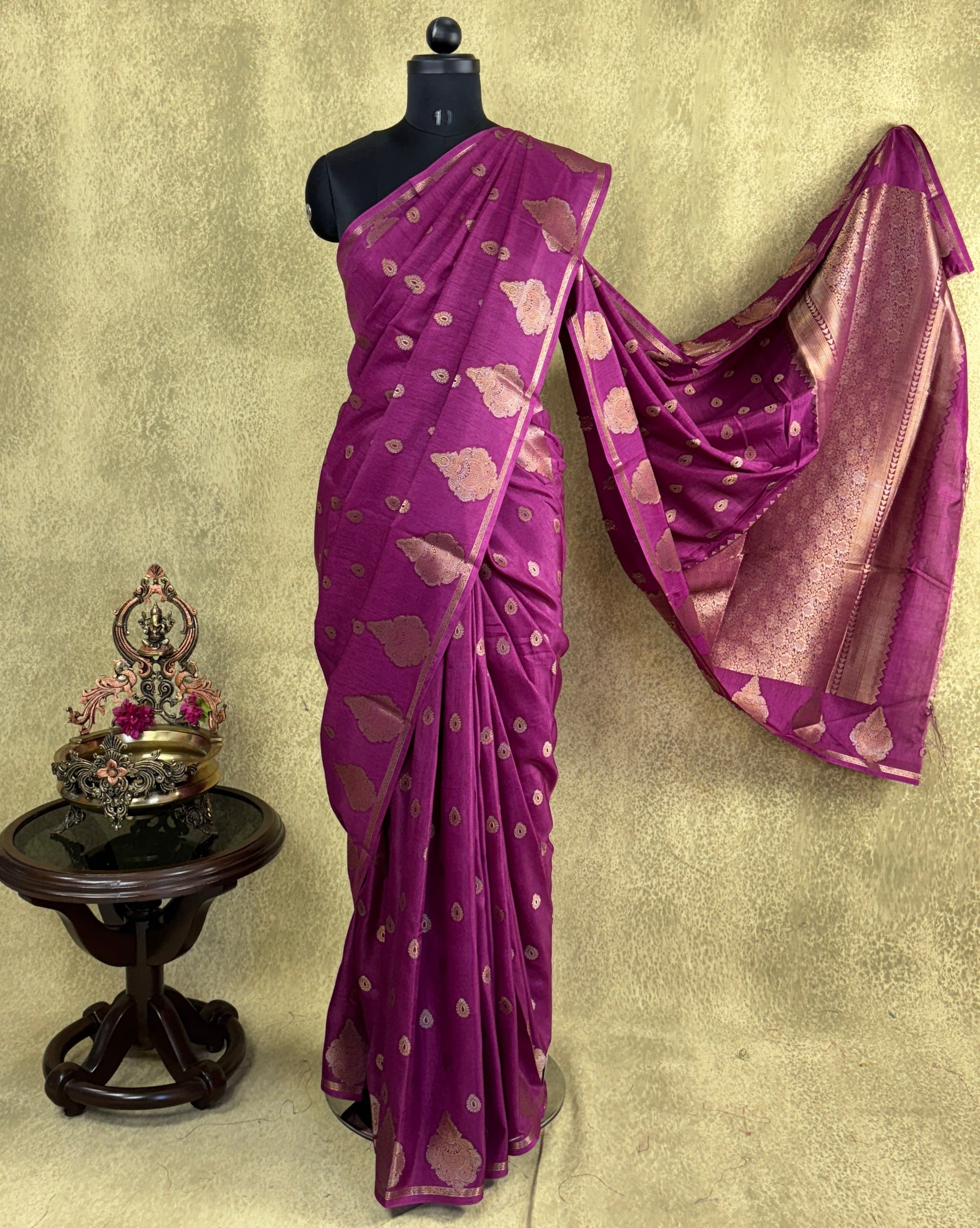 Banarasi Crepe Saree – Deep Magenta with Gold Zari Motifs