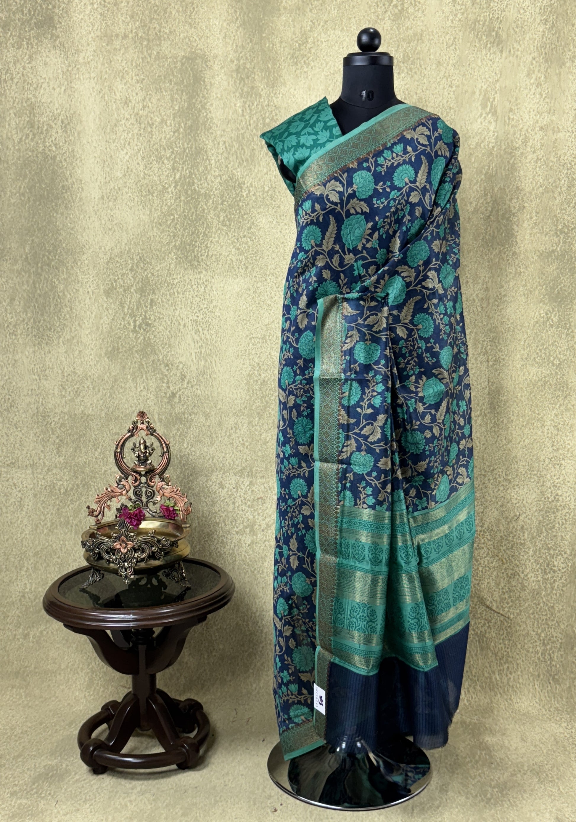 Navy Blue with Floral Patterns - Pure Chanderi Saree