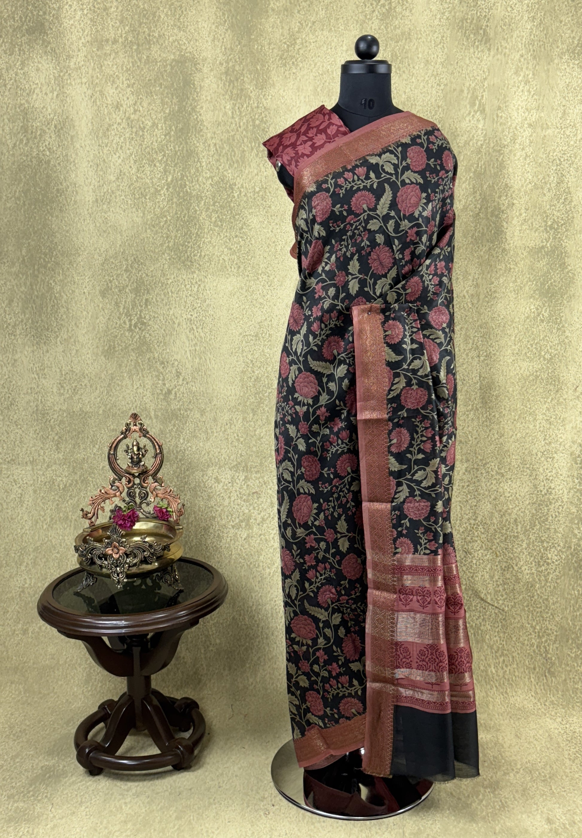 Black with Floral Patterns - Pure Chanderi Saree