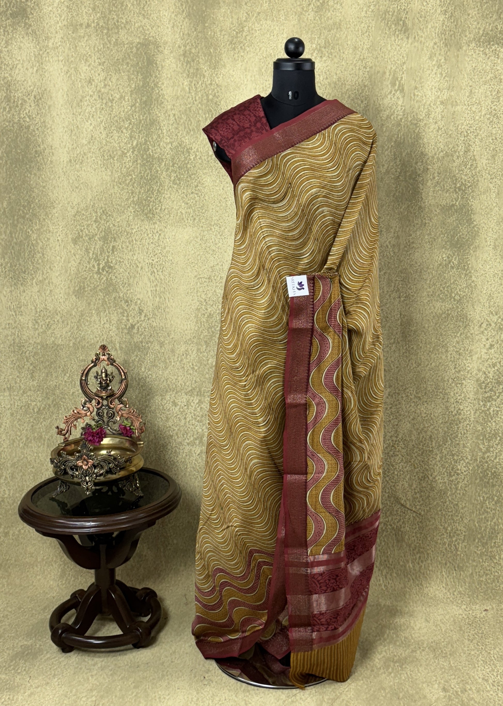 Mustard Yellow with Wavy Patterns - Pure Chanderi Saree