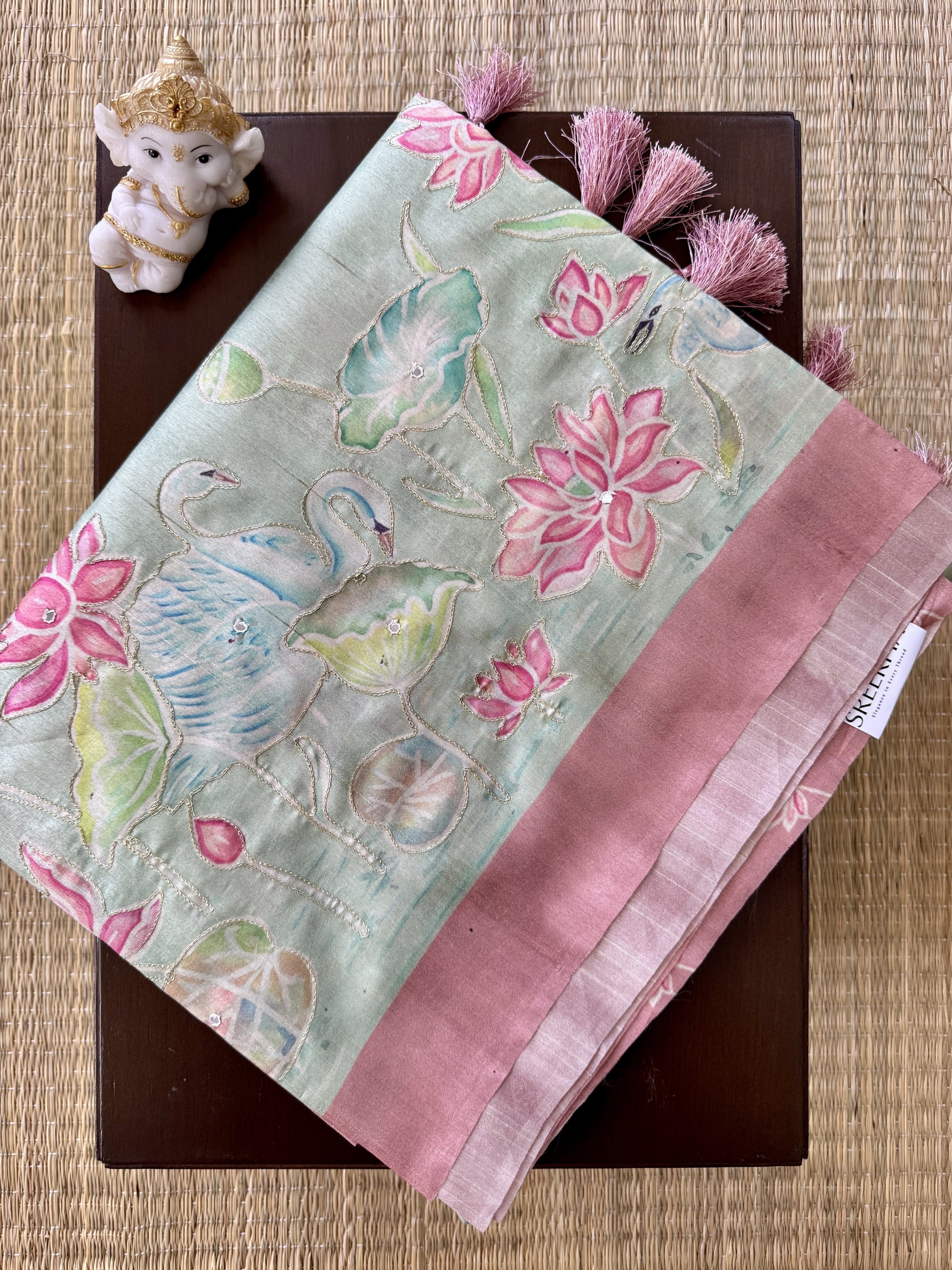 Pastel Green with Embroidery- Tussar Silk Saree