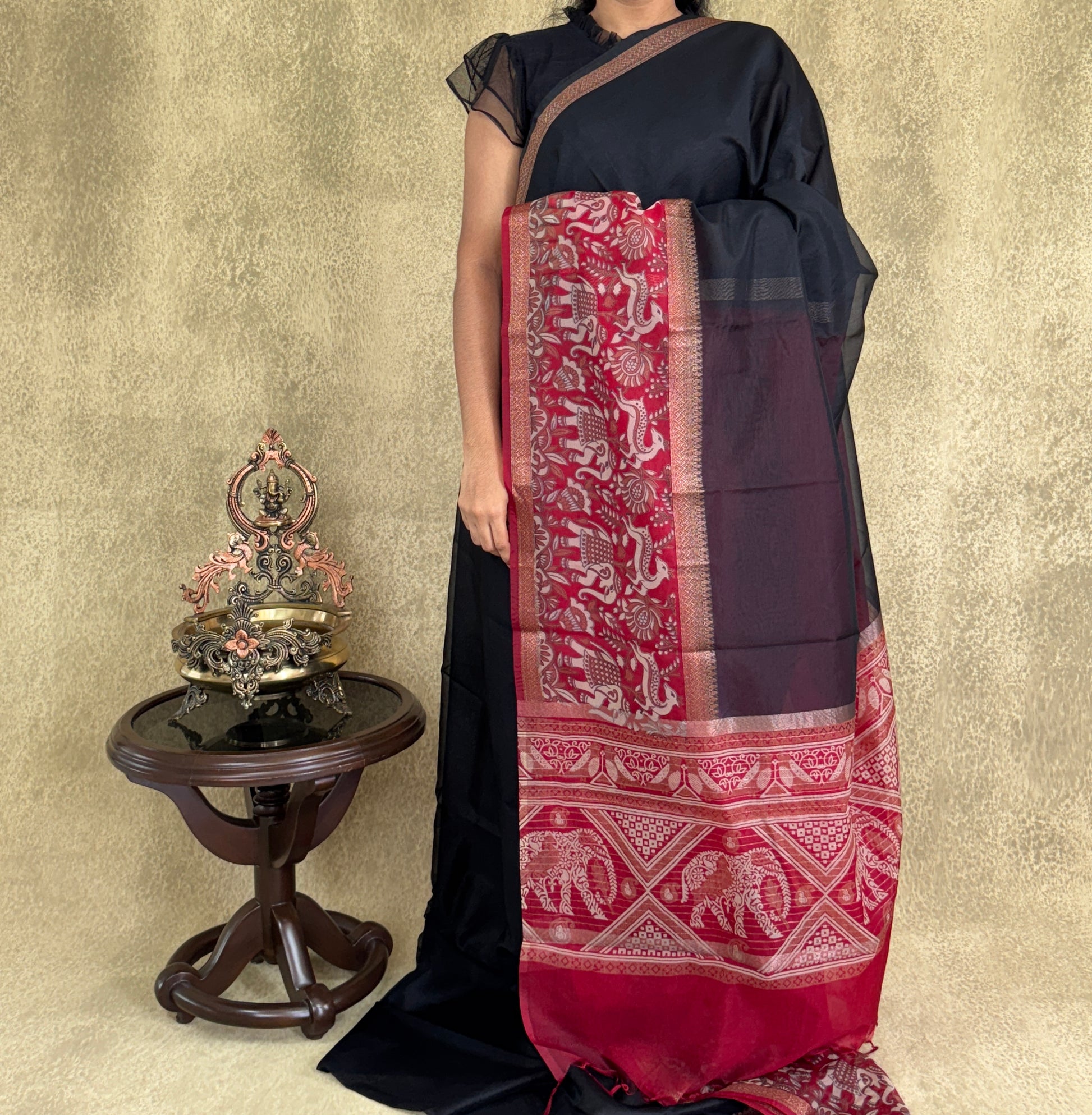 Black with Red Saree- Organza