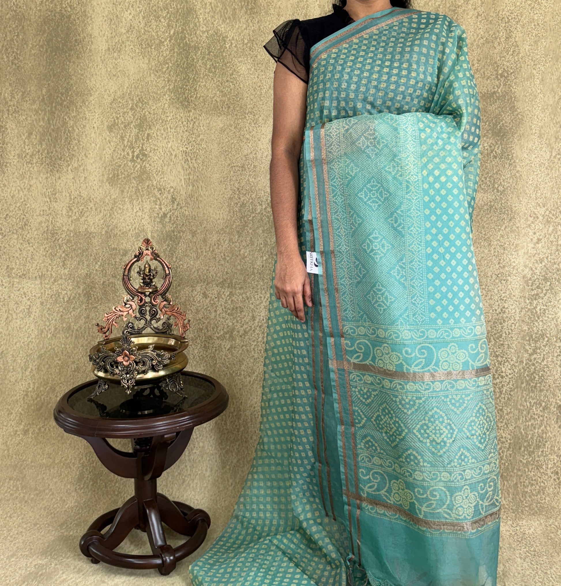 Light Teal Green Bandhani Print -Organza Saree
