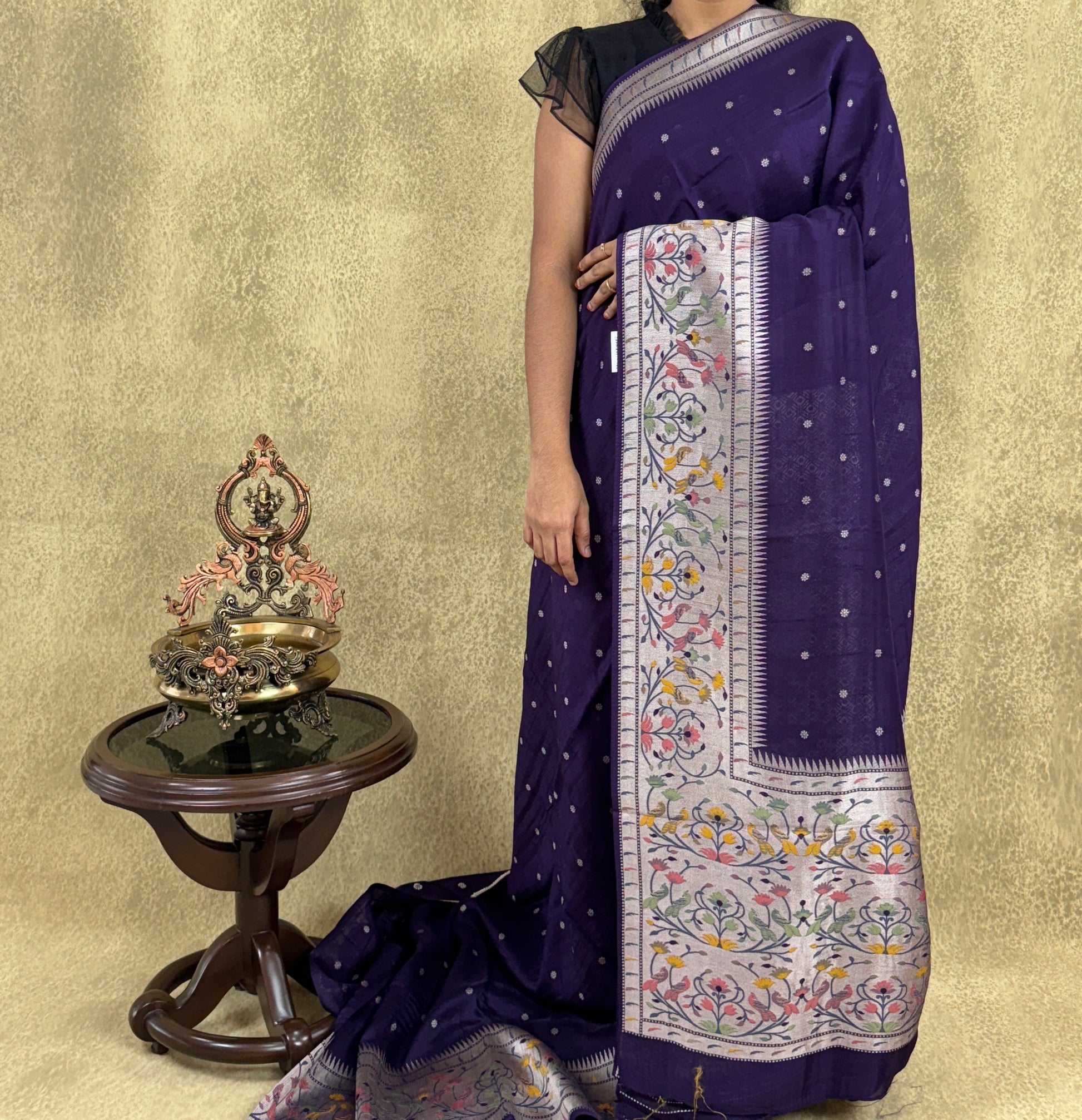 Deep Purple Saree with Paithani Border - Tussar Raw Silk