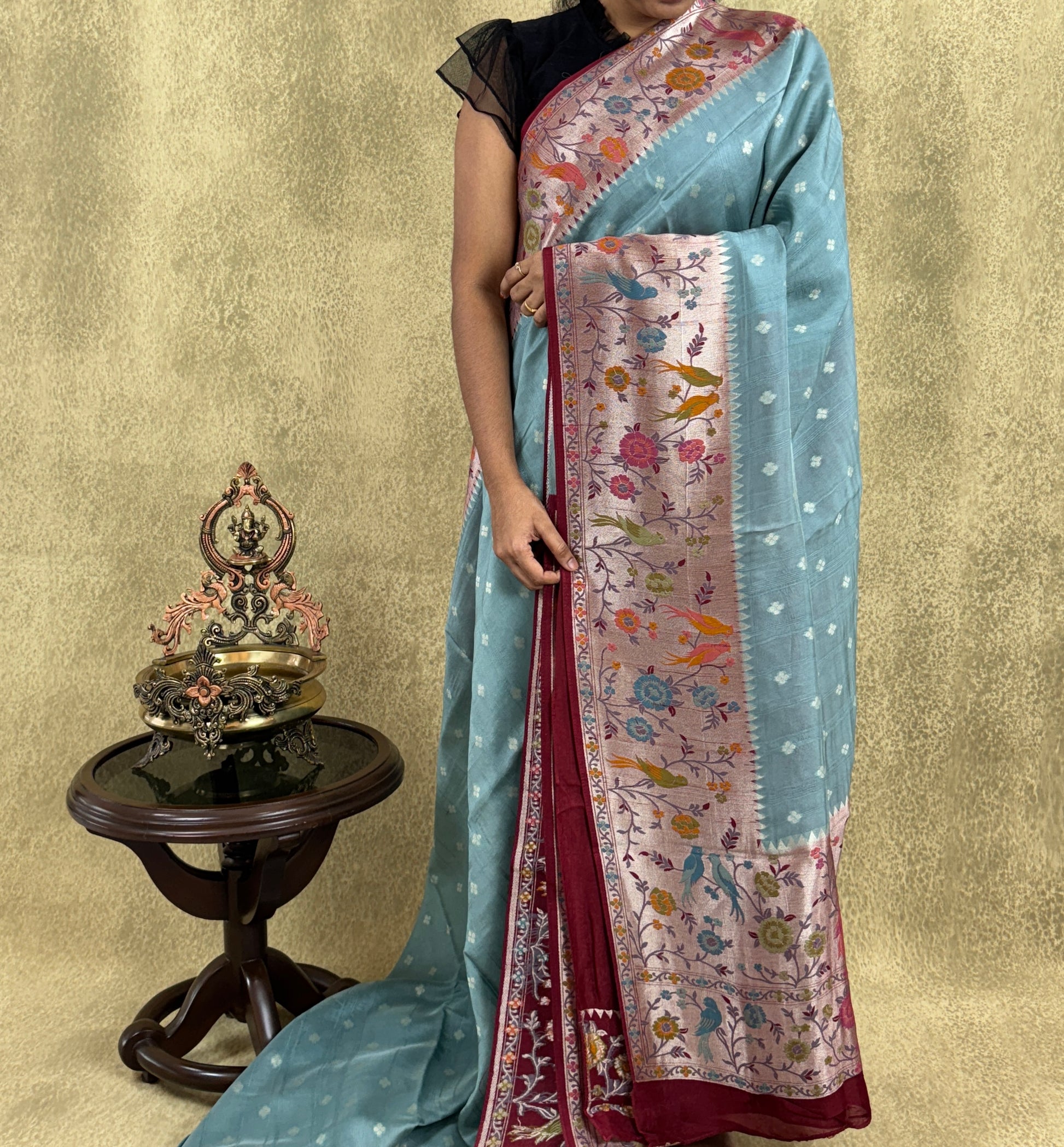 Blue color Saree with Paithani Border - Tussar Raw Silk