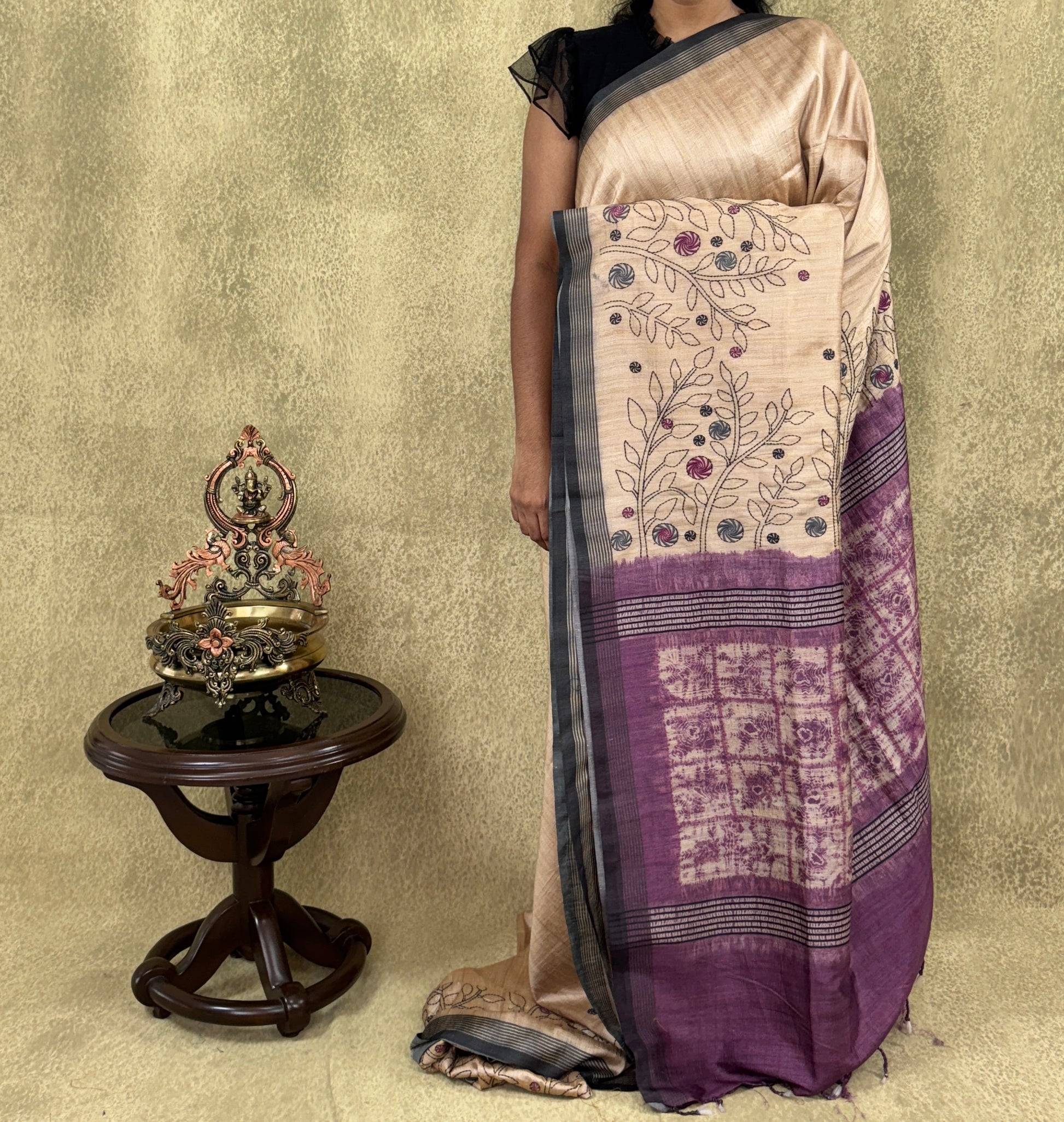 Beige with Purple Embroidered - Raw Silk Saree