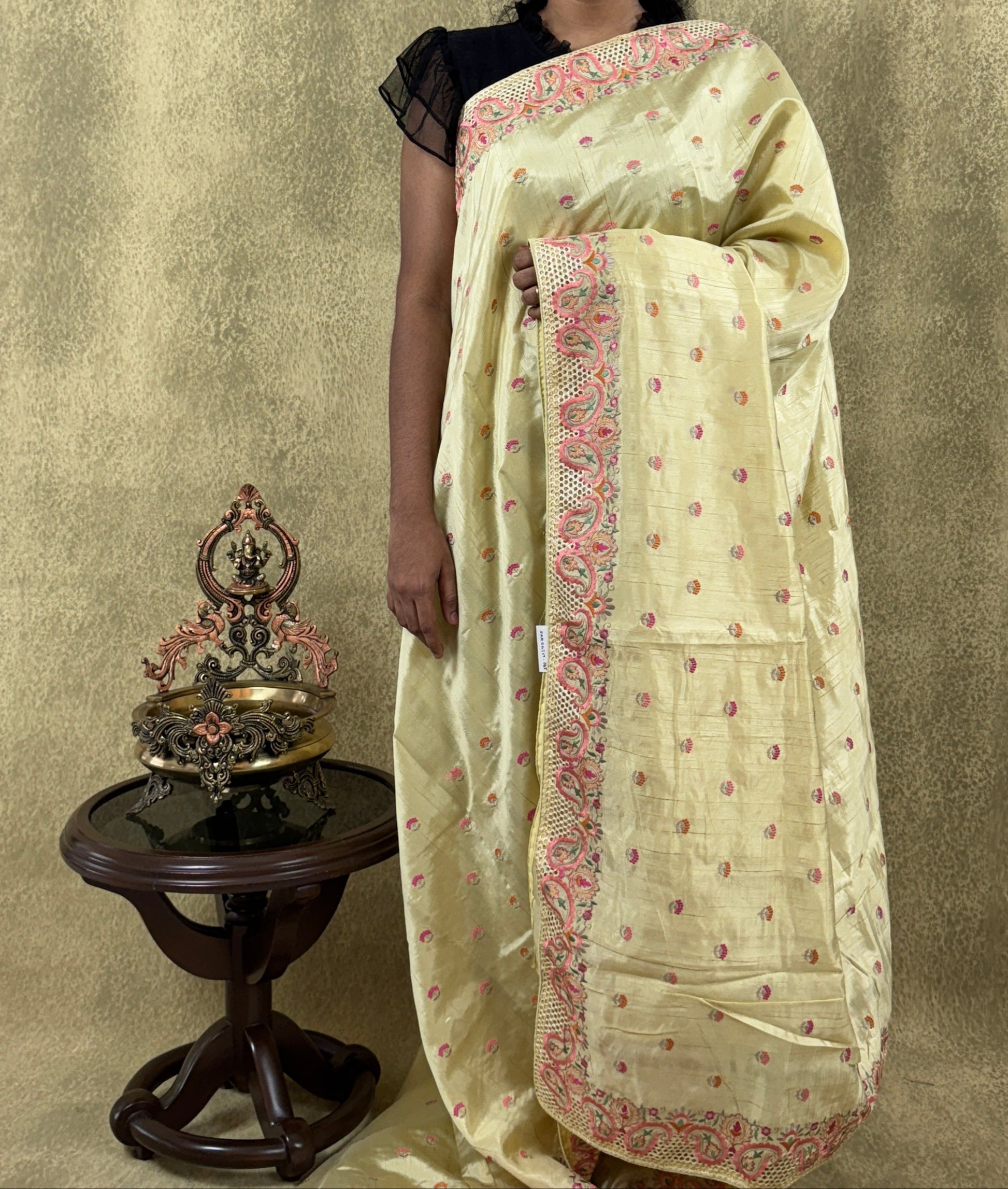 Pastel Yellow with CutWork Embroidery Border- Tussar Silk Saree