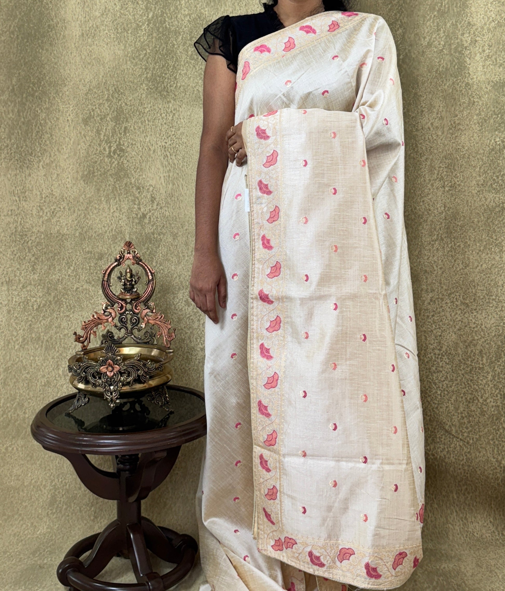 Beige with Embroidery Border- Tussar Silk Saree
