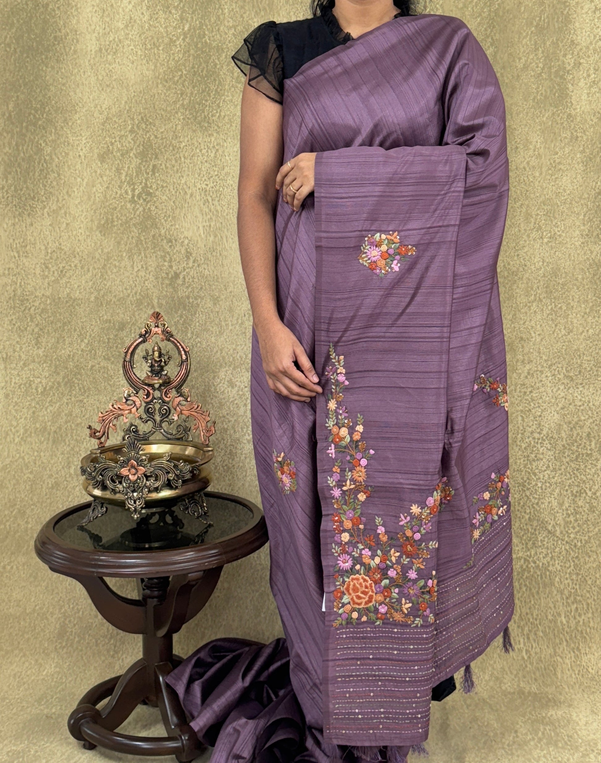 Deep Purple with Multicolored Embroidery- Tussar Silk Saree