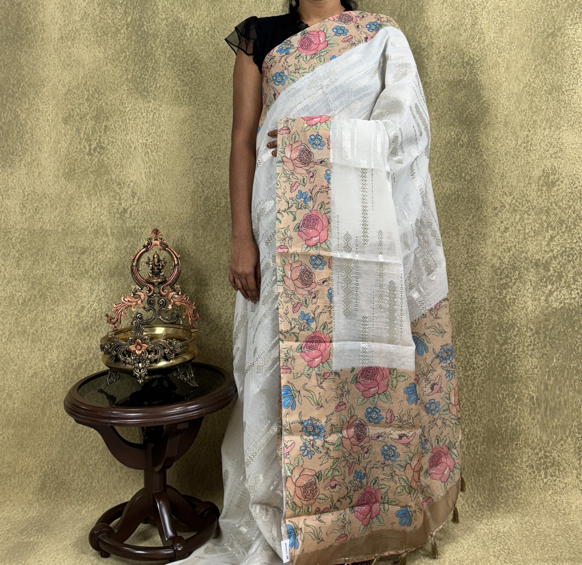 White Saree with Floral Border - Chanderi Silk Saree