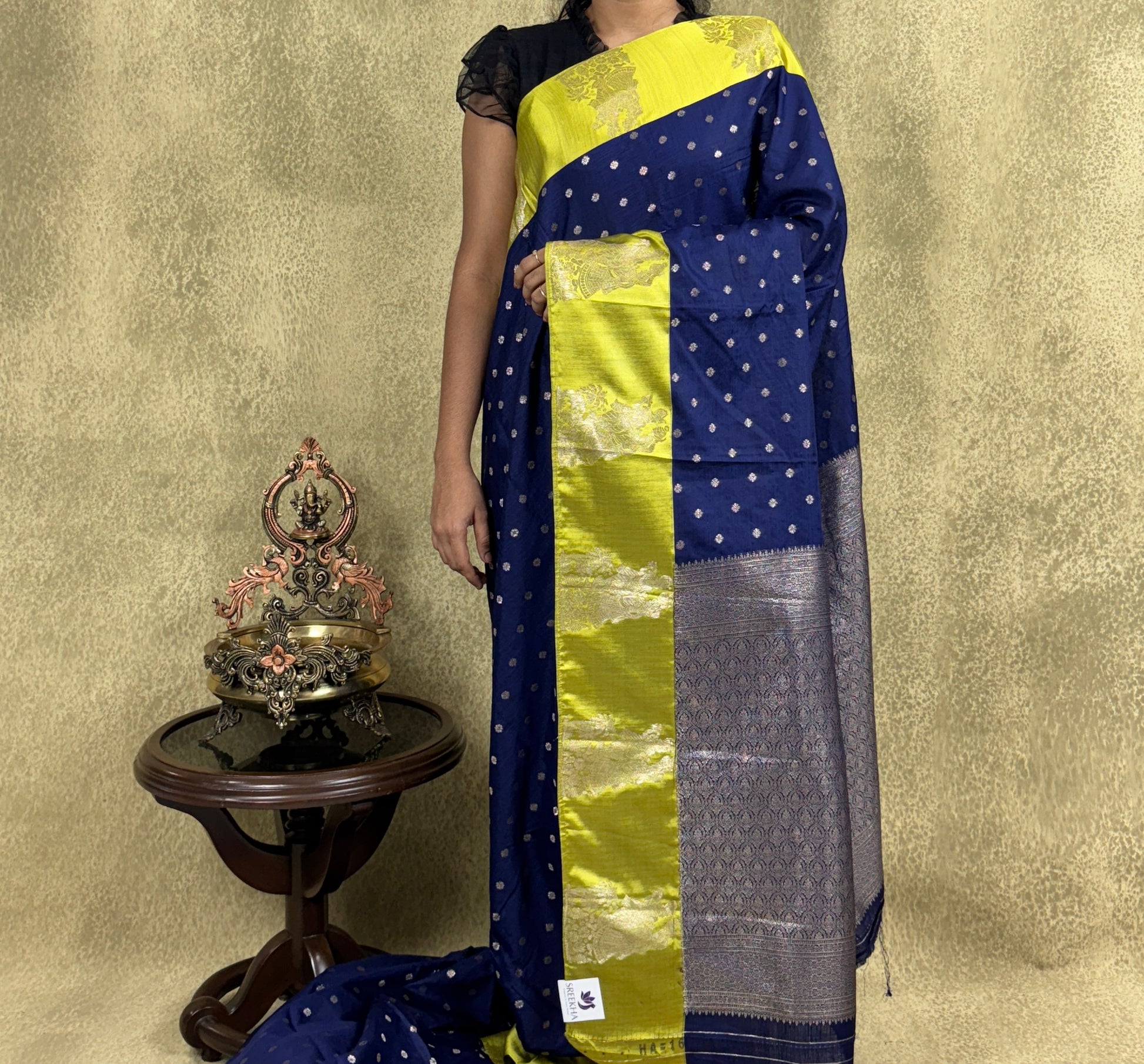Navy Blue Saree with Mythical Motif Border - Semi Raw Mango