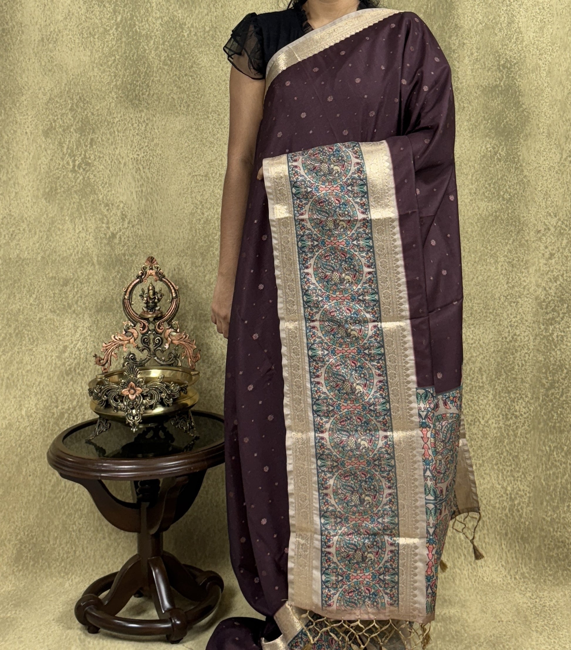 Dark Maroon Saree with Peacock and Paisley Motifs - Raw Silk