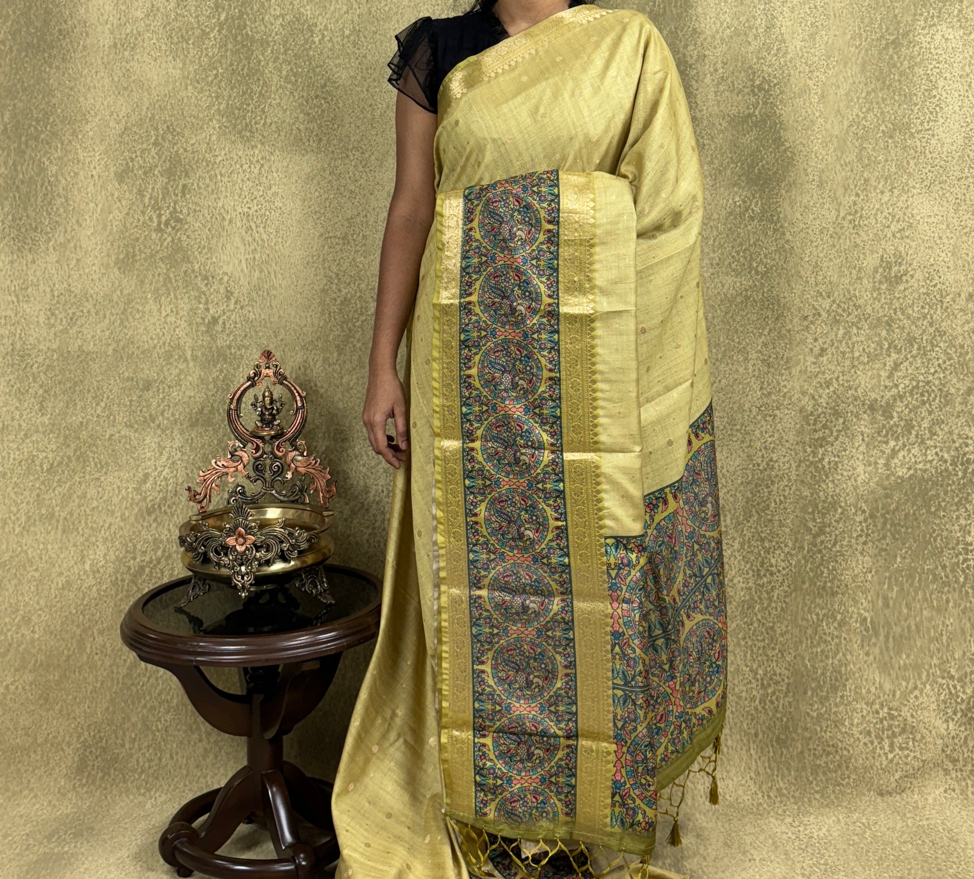 Mustard Green color Saree with Peacock and Paisley Motifs - Raw Silk