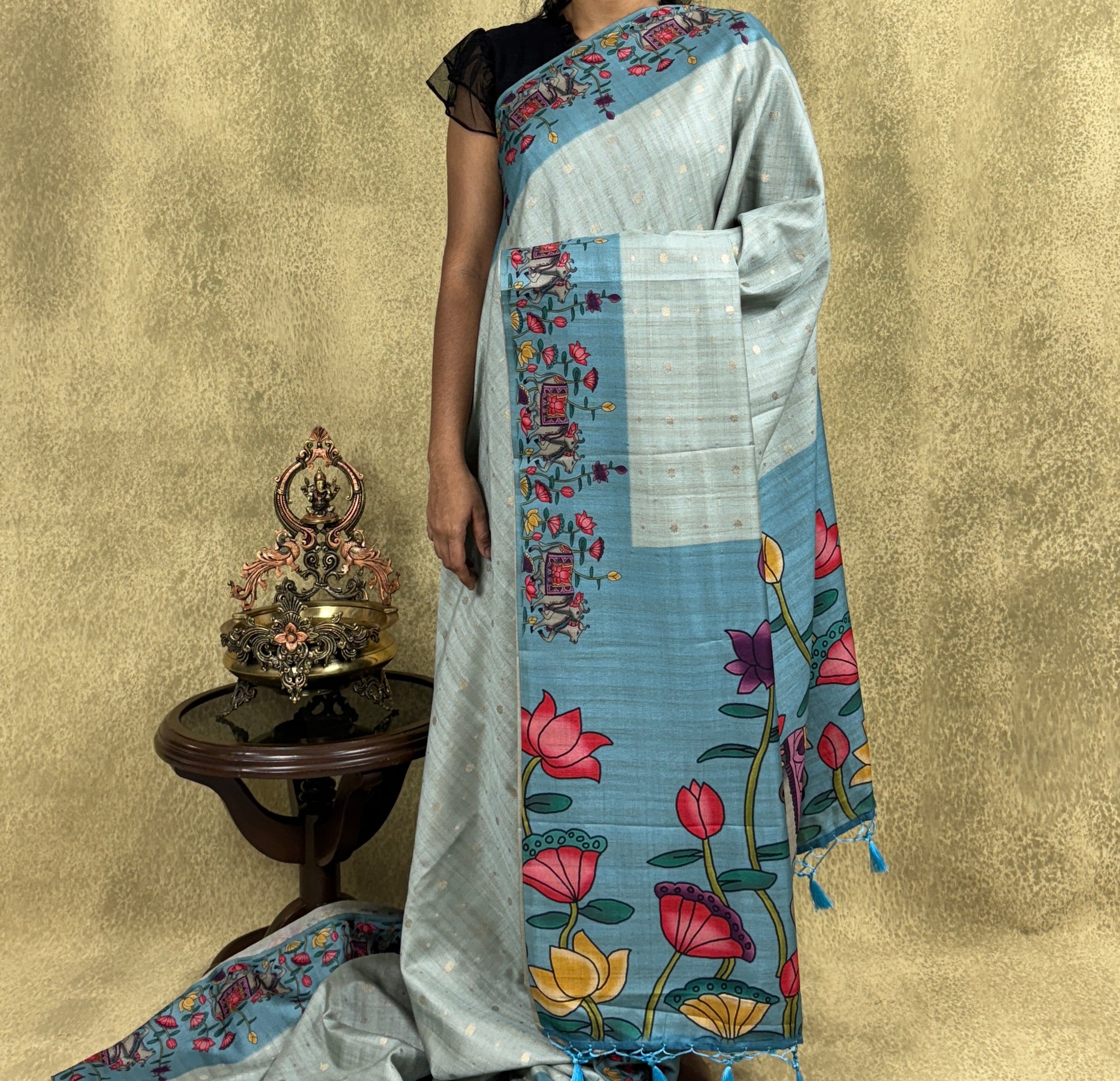 Blue color Saree with Pichwai Print - Raw Silk