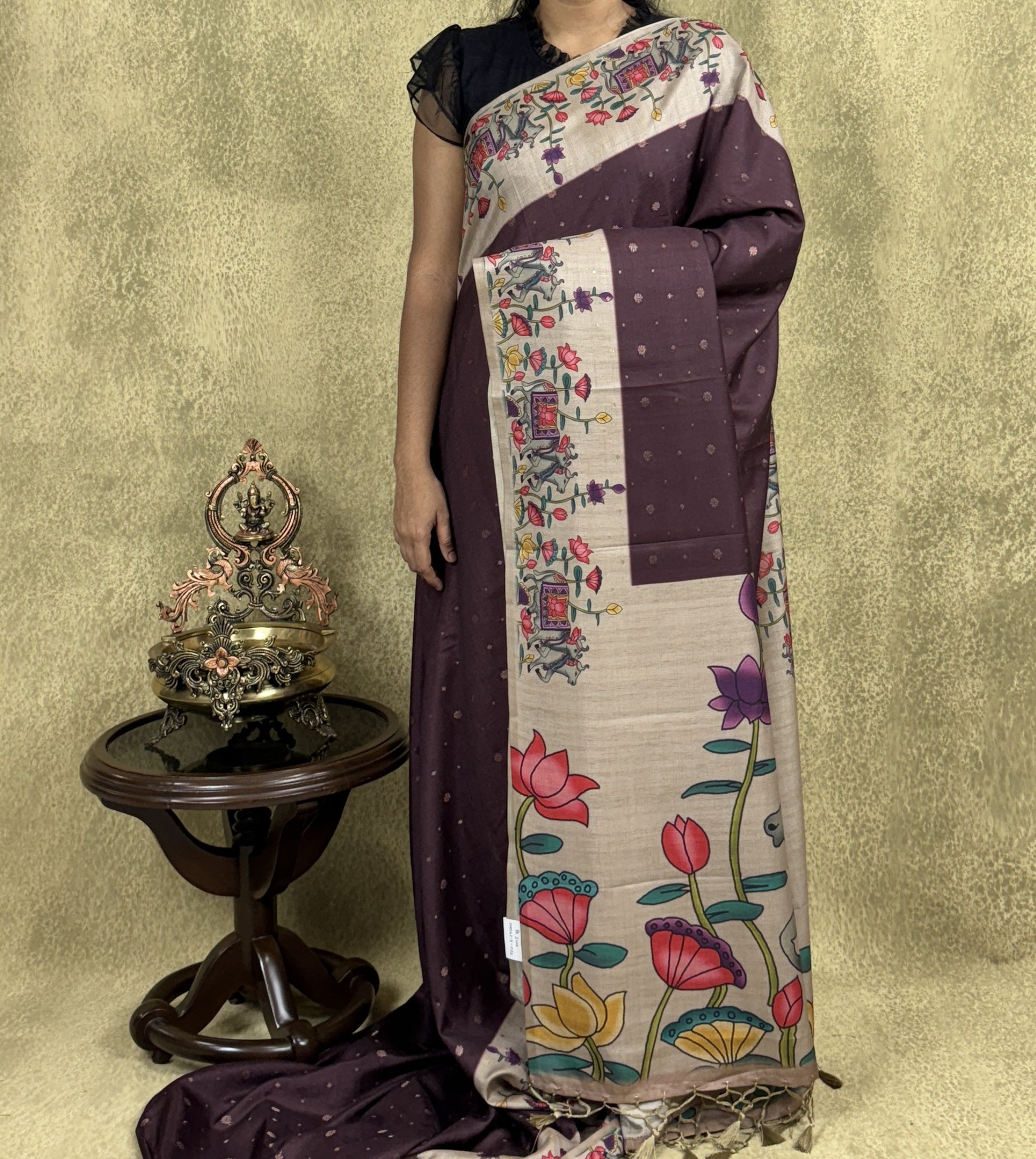 Dark Maroon color Saree with Pichwai Print - Raw Silk
