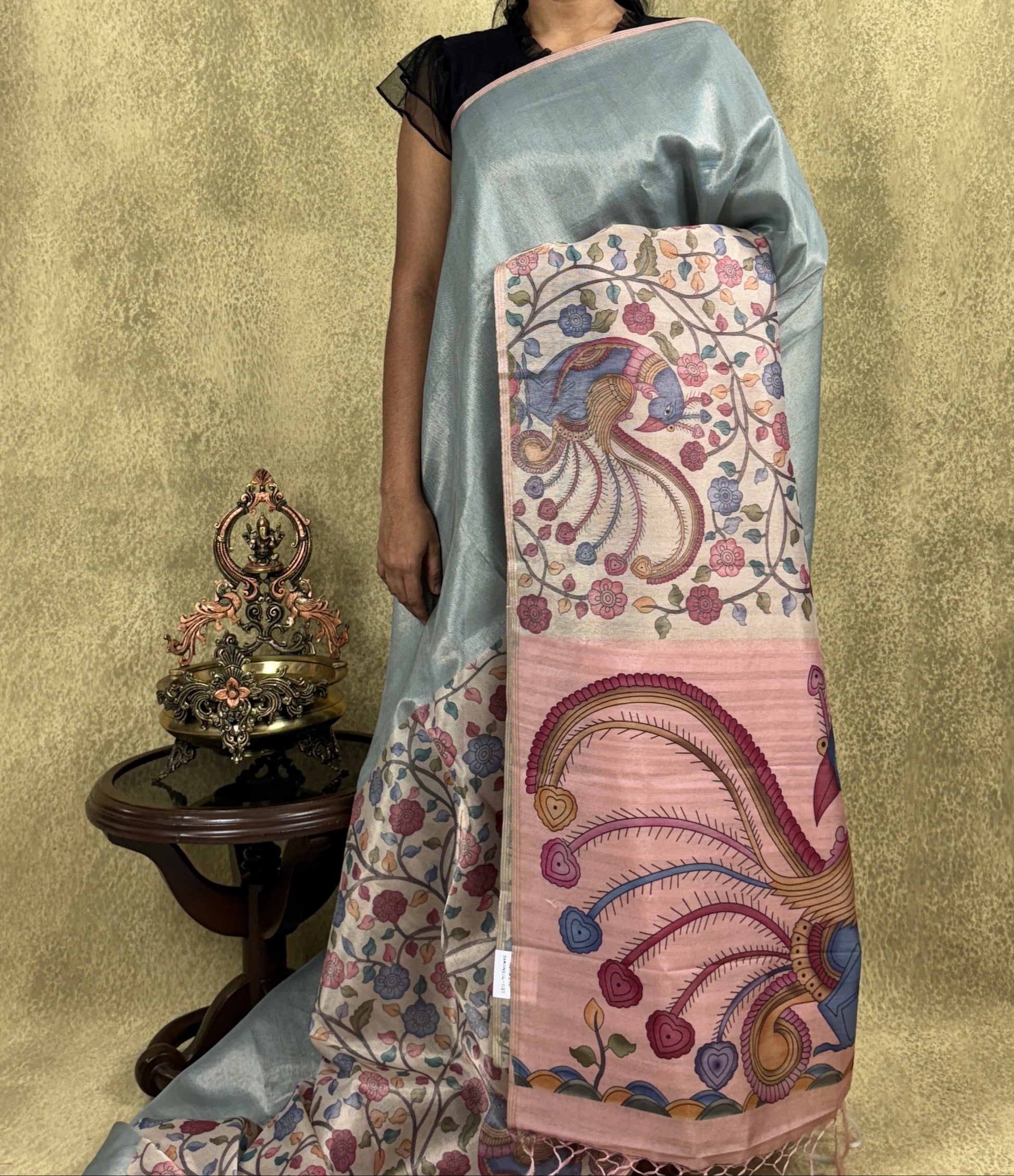 Beige with Teal - Munga Silk Saree