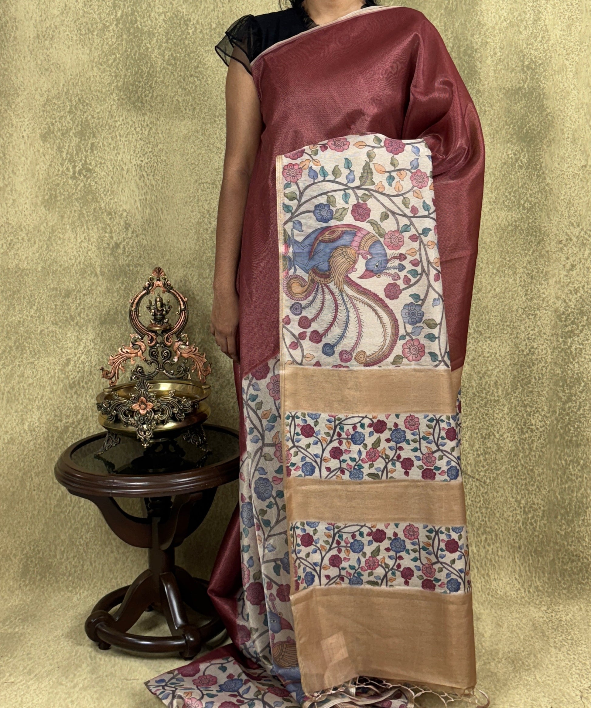 Maroon with Beige - Munga Silk Saree