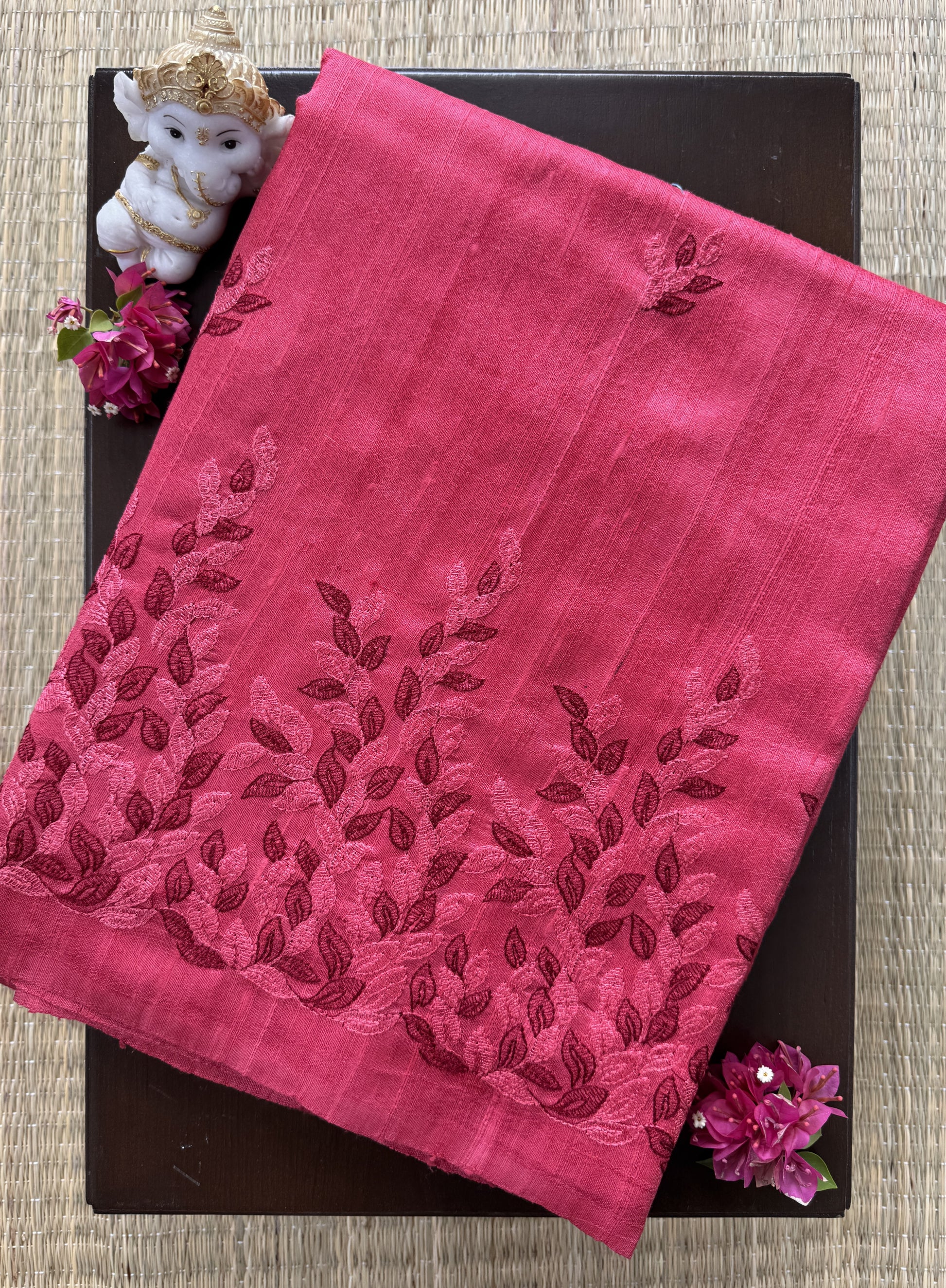 Ruby Red with Embroidery-Pure Raw Silk Saree