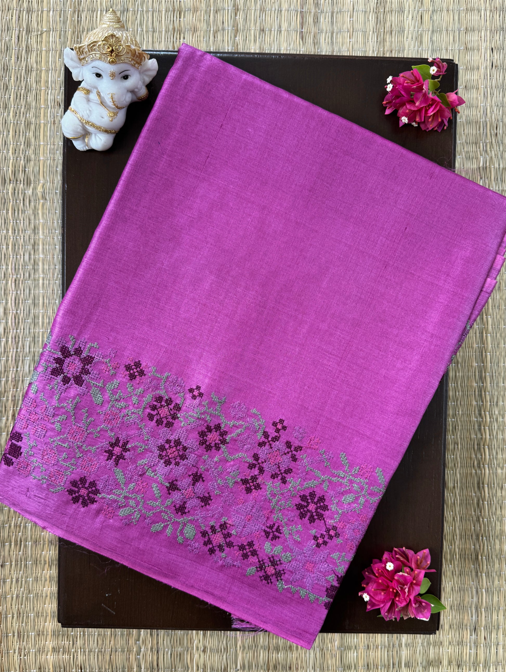 Magenta Purple with Embroidery- Pure Tussar Saree