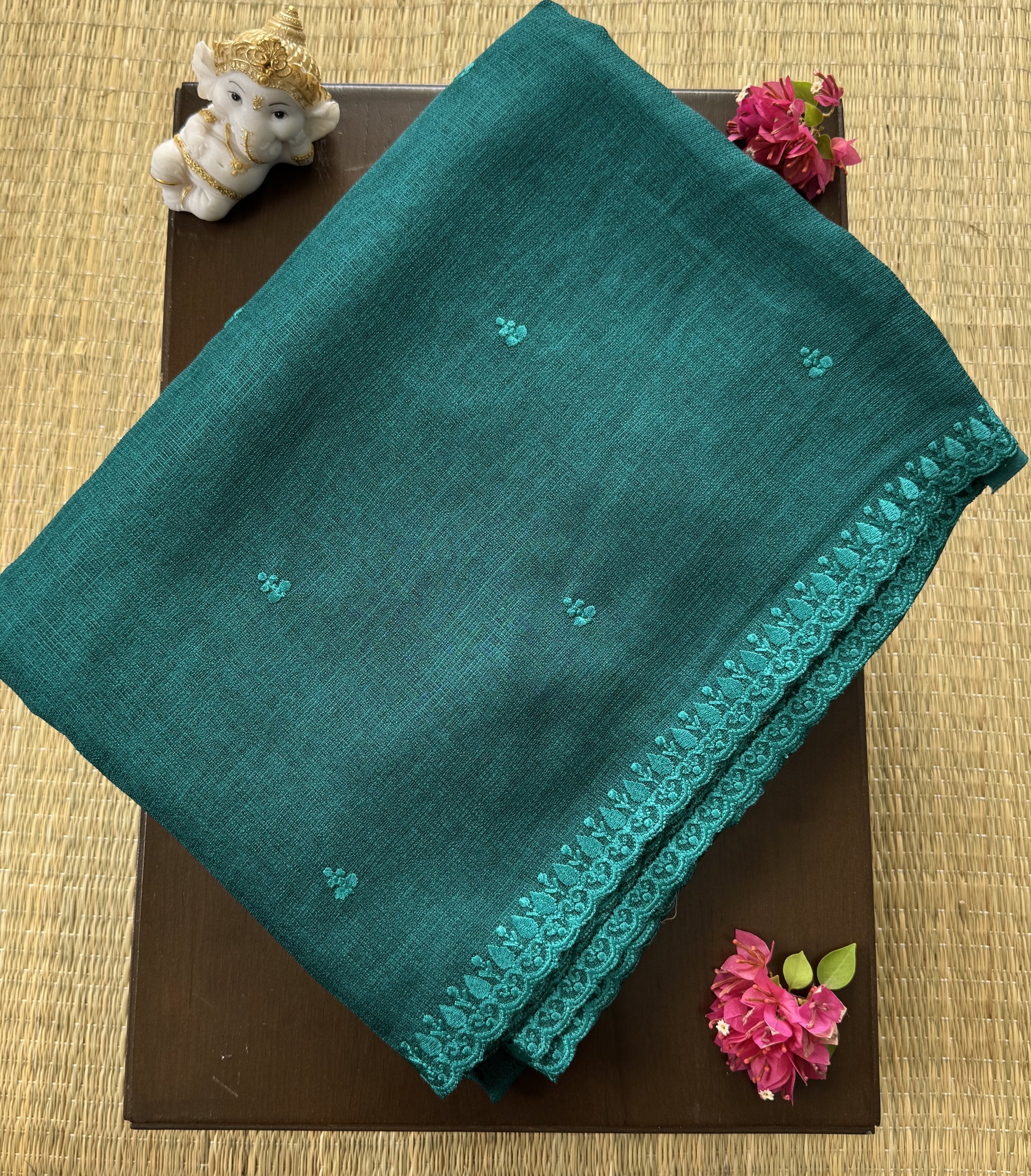 Deep Teal Green with Embroidered Jute Saree