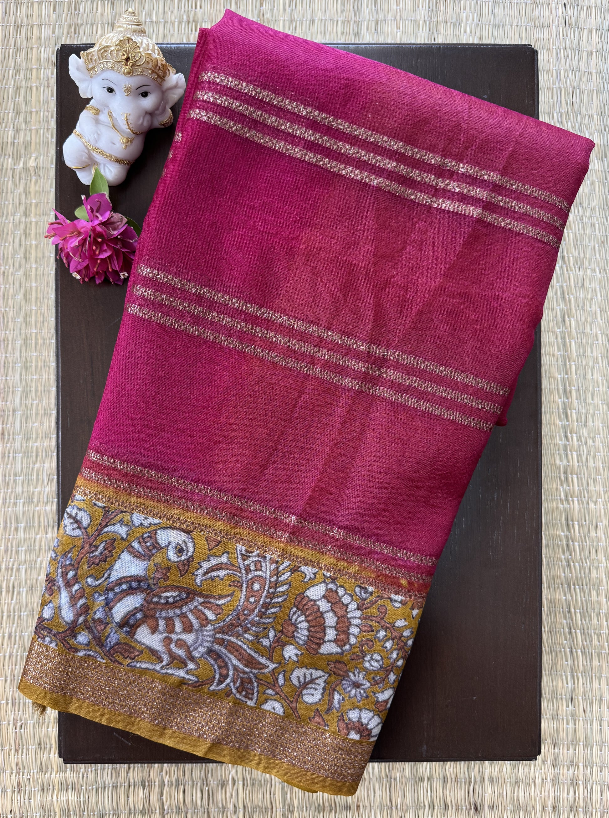 Dark Pink and Mustad Yellow Saree with Gold Zari Stripes - Organza