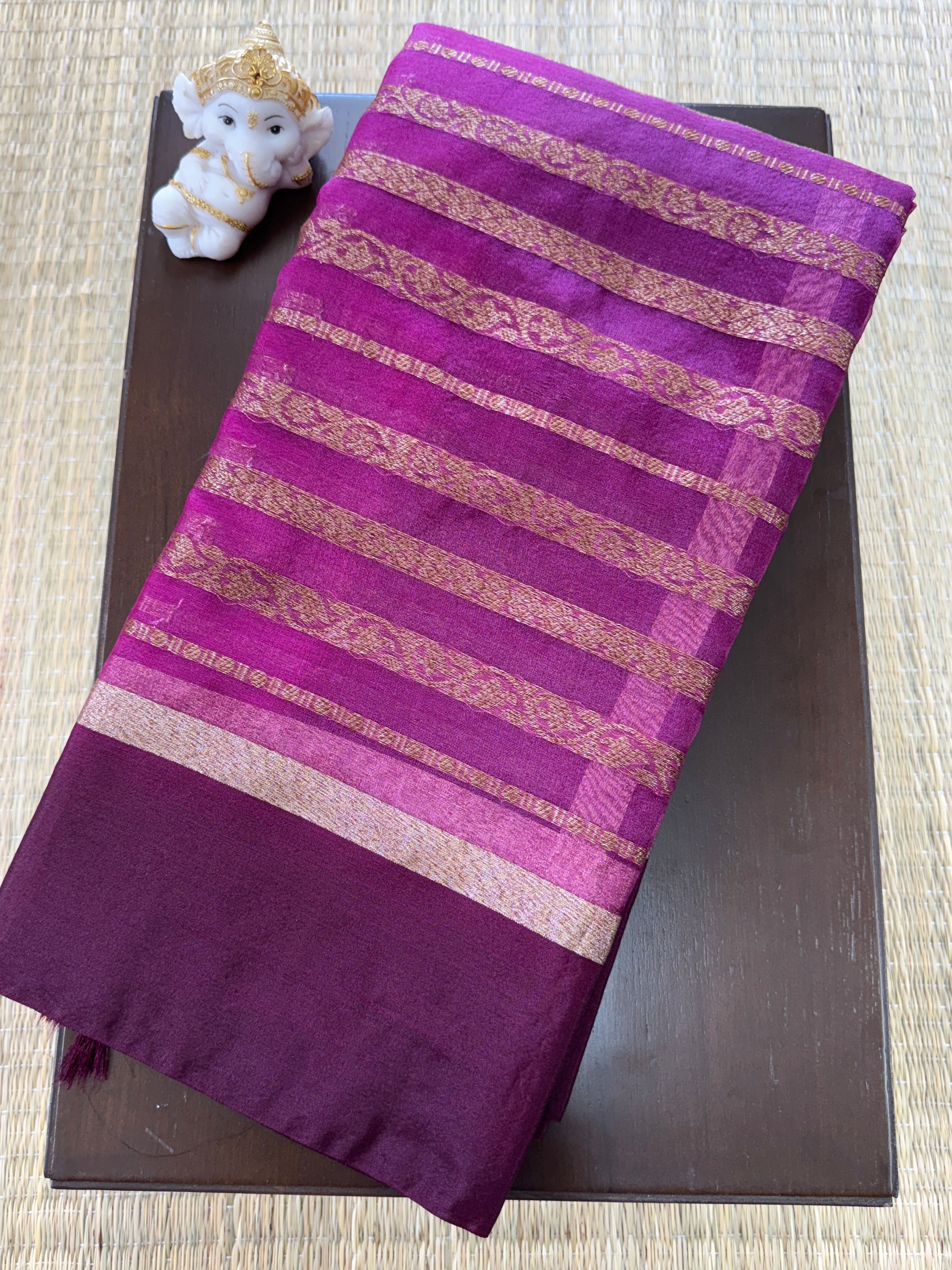Magenta and Maroon Saree with Gold Zari Stripes - Organza