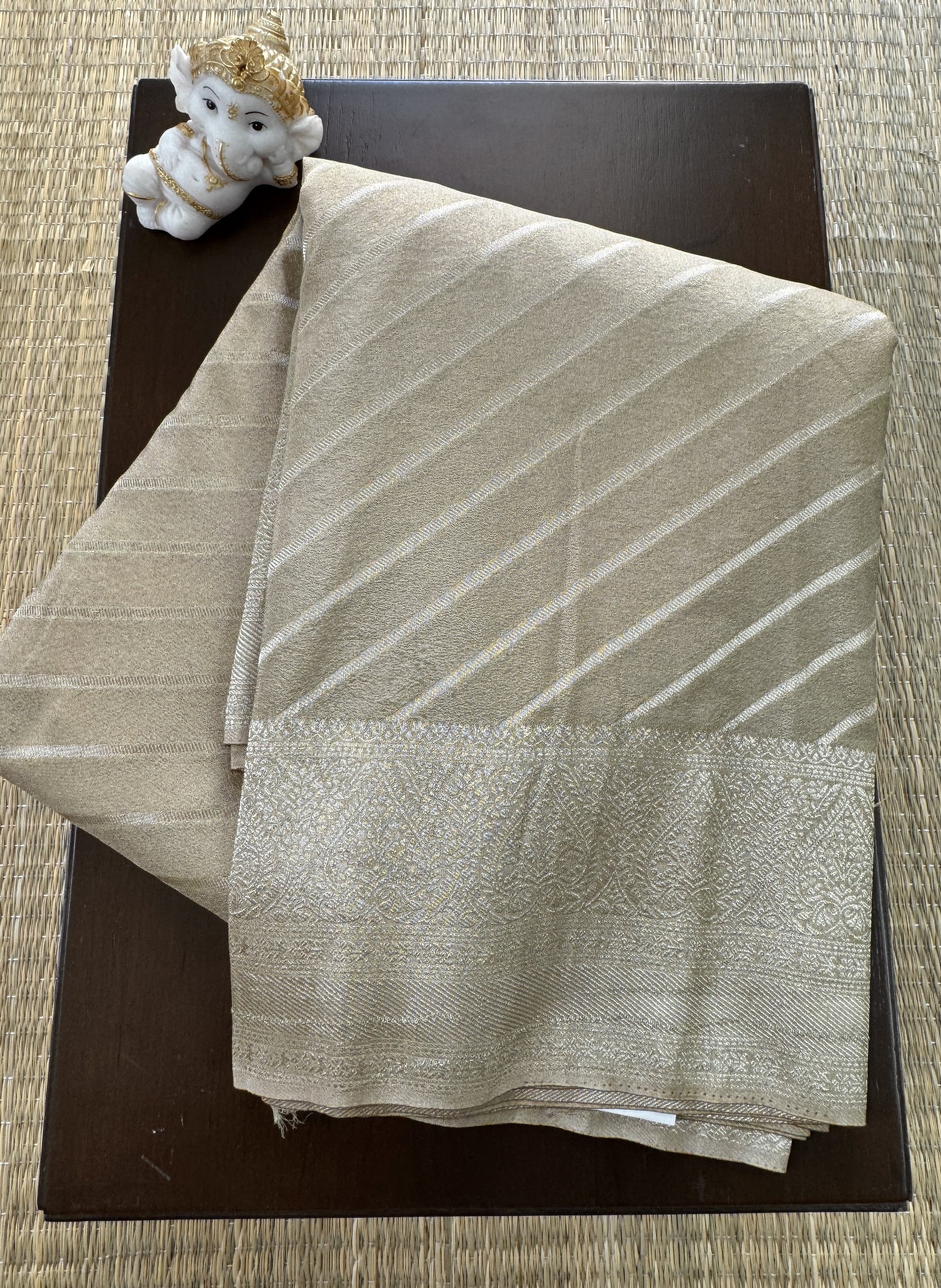 Light Olive Green Saree with Gold Zari Bordern - Banarasi Georgette