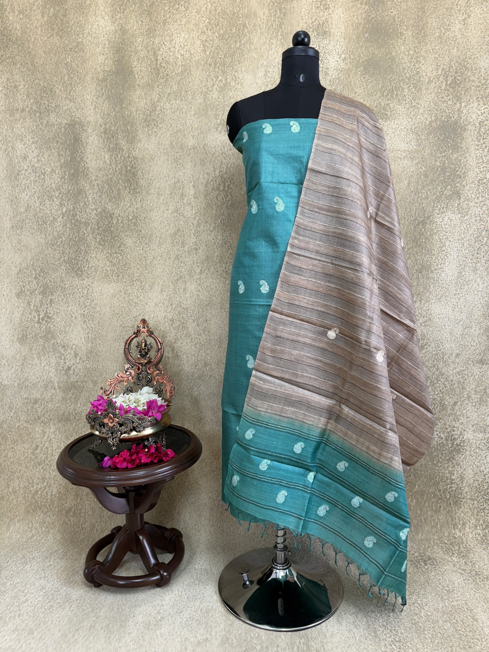 Teal Blue with Beige - Pure Tussar Salwar Set