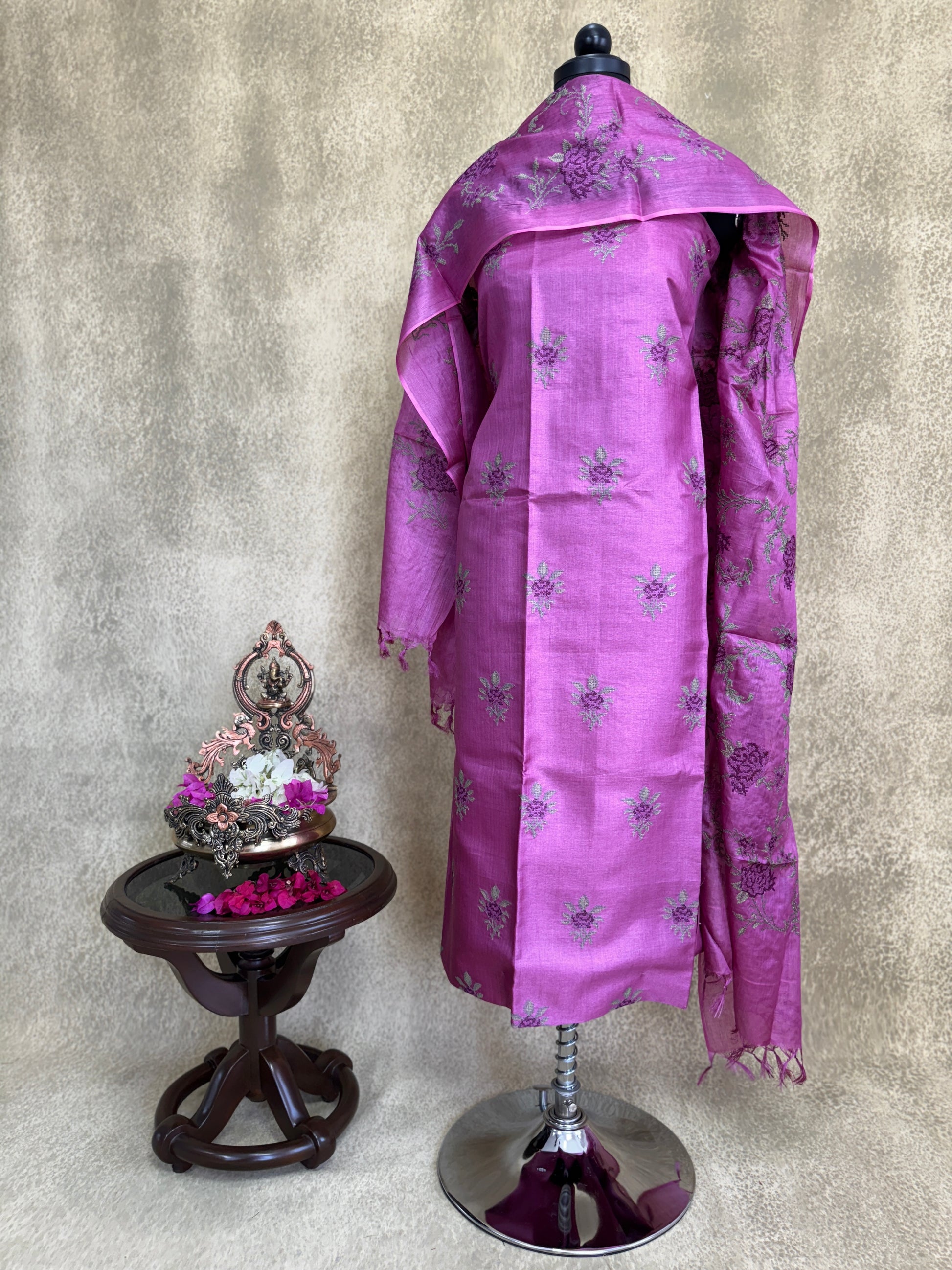 Magenta Embroidered - Pure Tussar Salwar Set