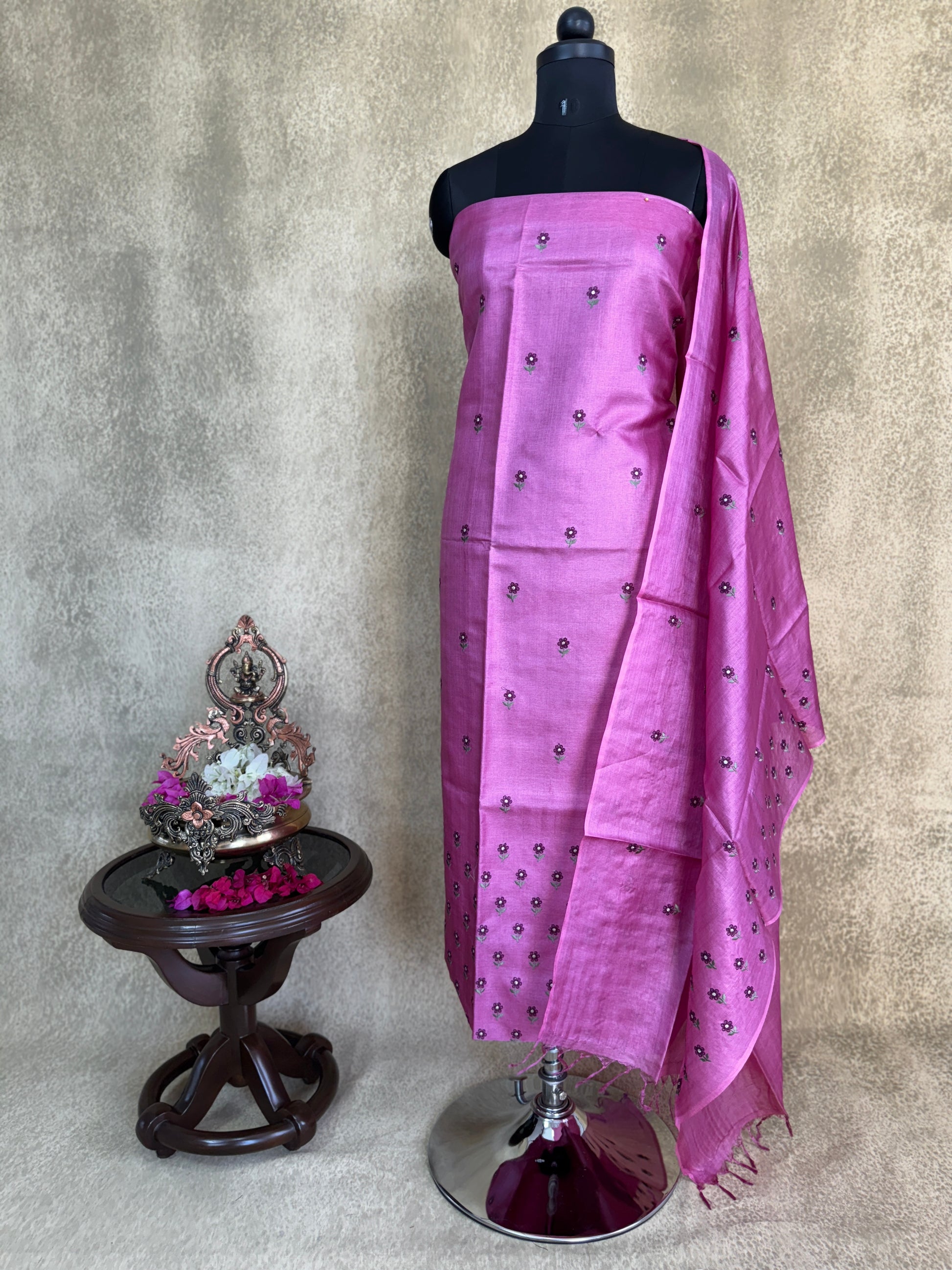 Magenta Embroidered Pure Tussar Salwar Set