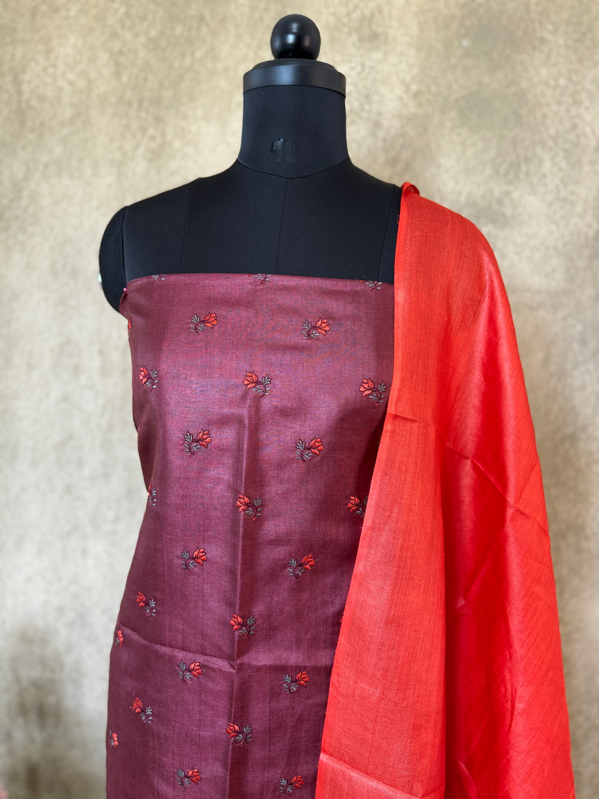 Maroon Floral Embroidered Pure Tussar Salwar Set