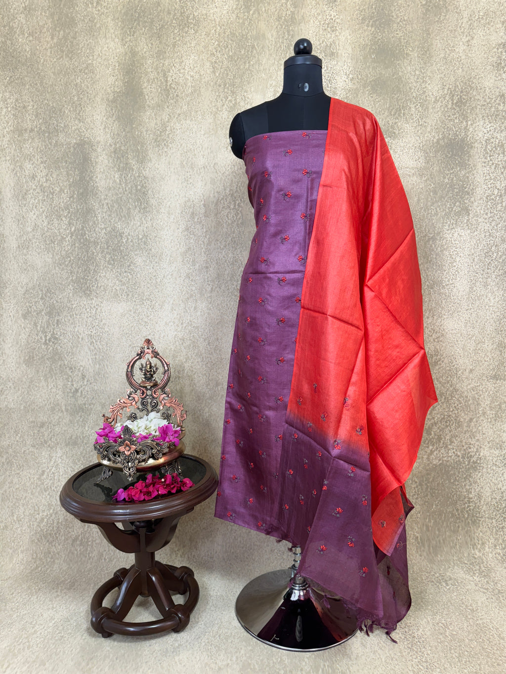 Deep Plum Shade Floral Embroidered Pure Tussar Salwar Set