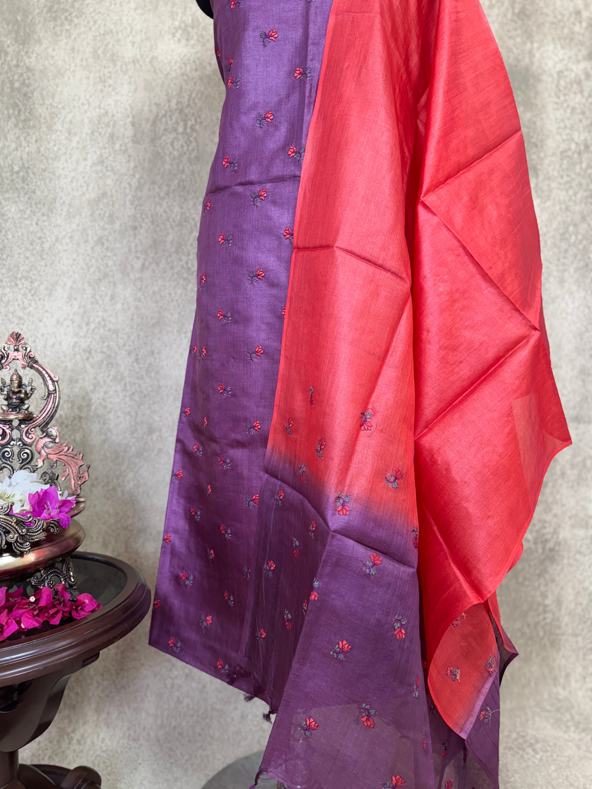 Deep Plum Shade Floral Embroidered Pure Tussar Salwar Set