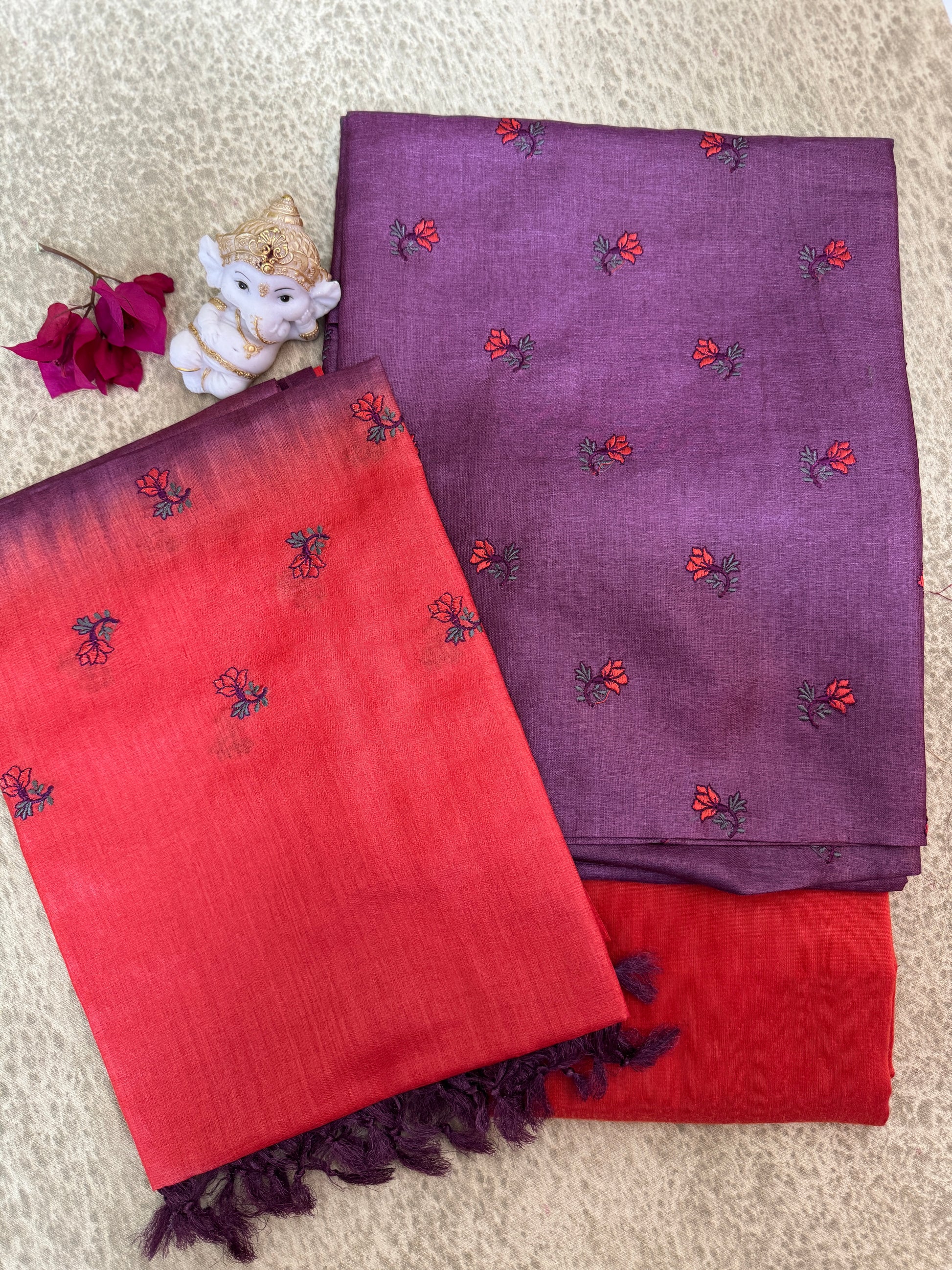 Deep Plum Shade Floral Embroidered Pure Tussar Salwar Set