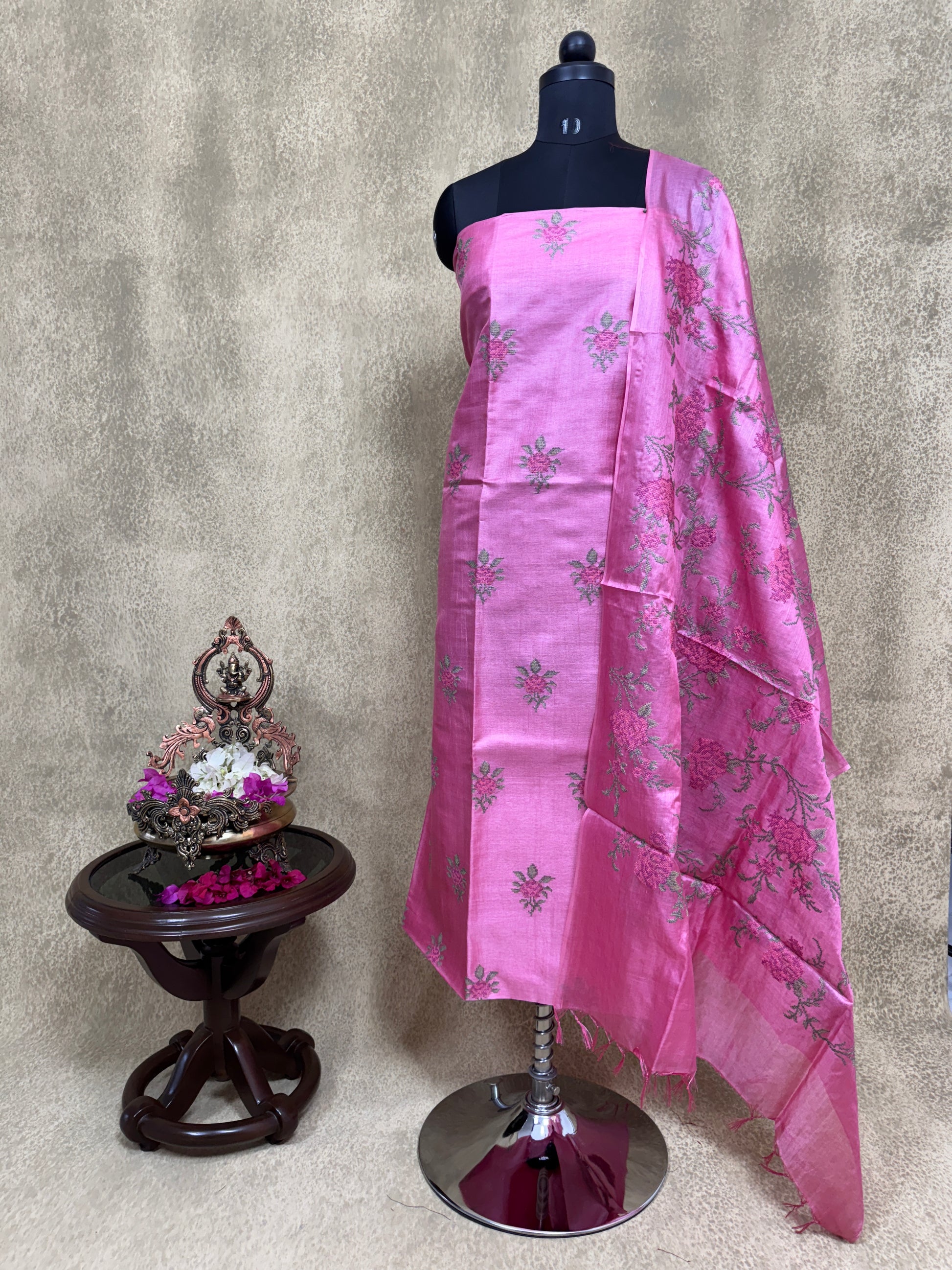 Pink Embroidered - Pure Tussar Salwar Set