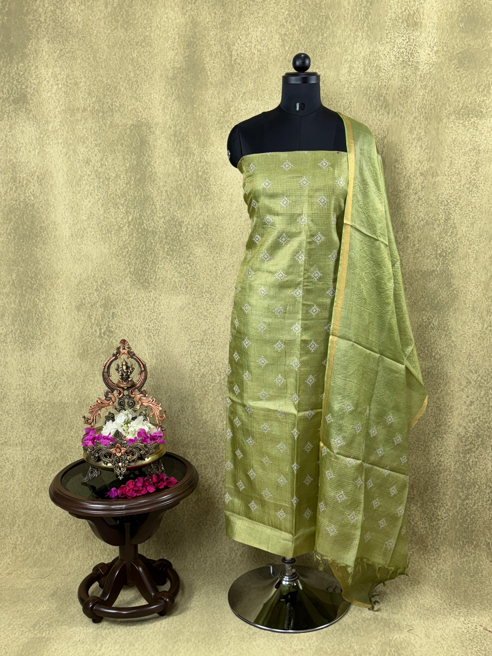 Light Olive Green Checked- Pure Tussar Salwar Set