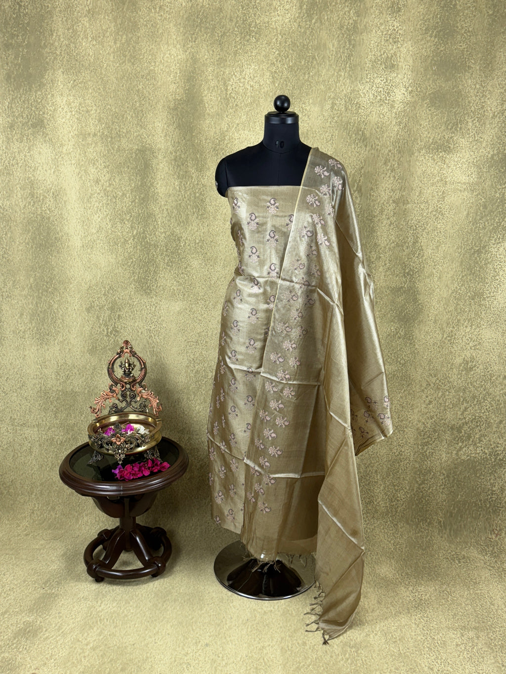 Golden Beige Paisley Embroidered - Pure Tussar Salwar Set