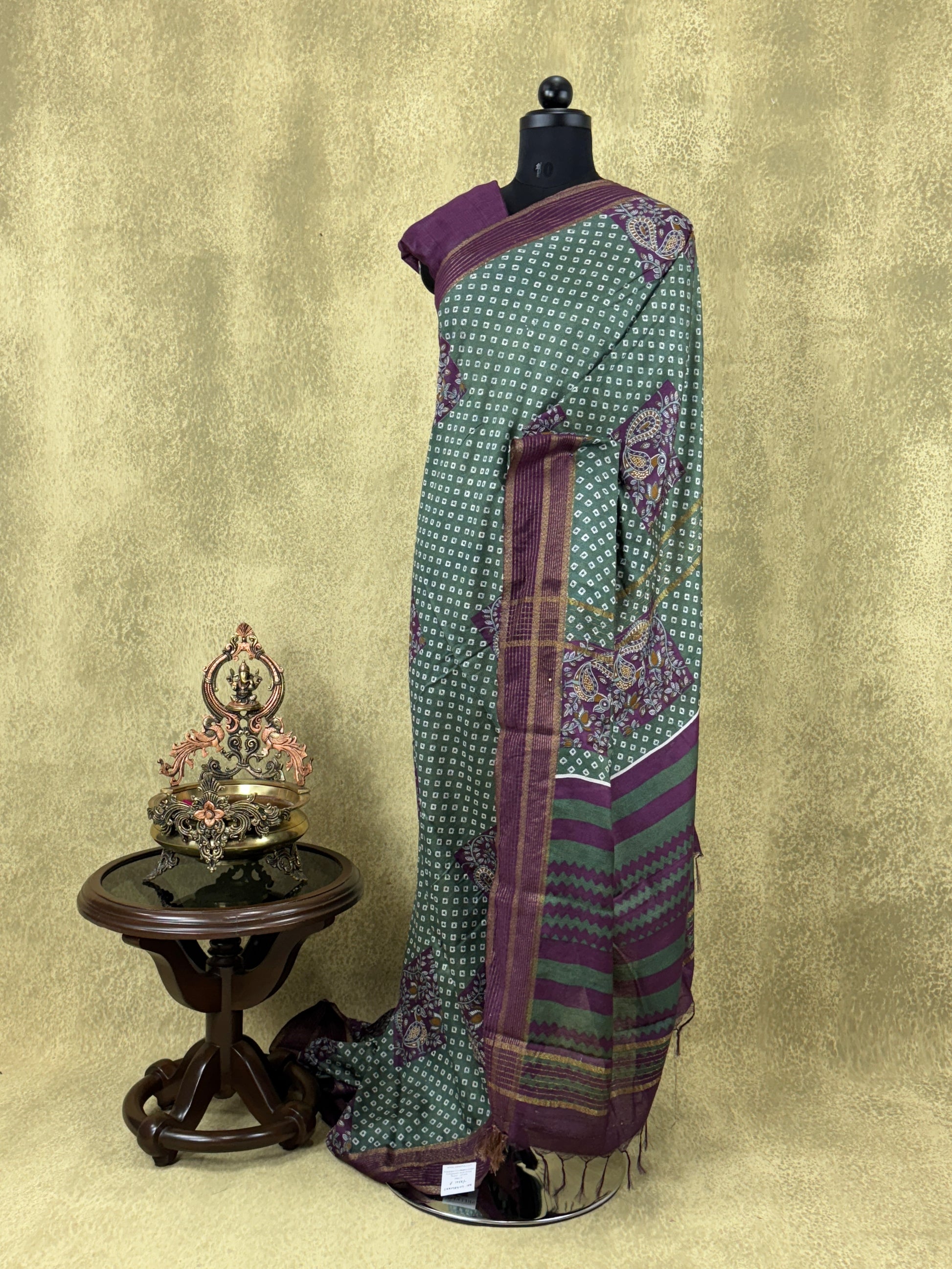 Dark Green & Maroon with Peacock Motif - Chanderi Cotton Saree