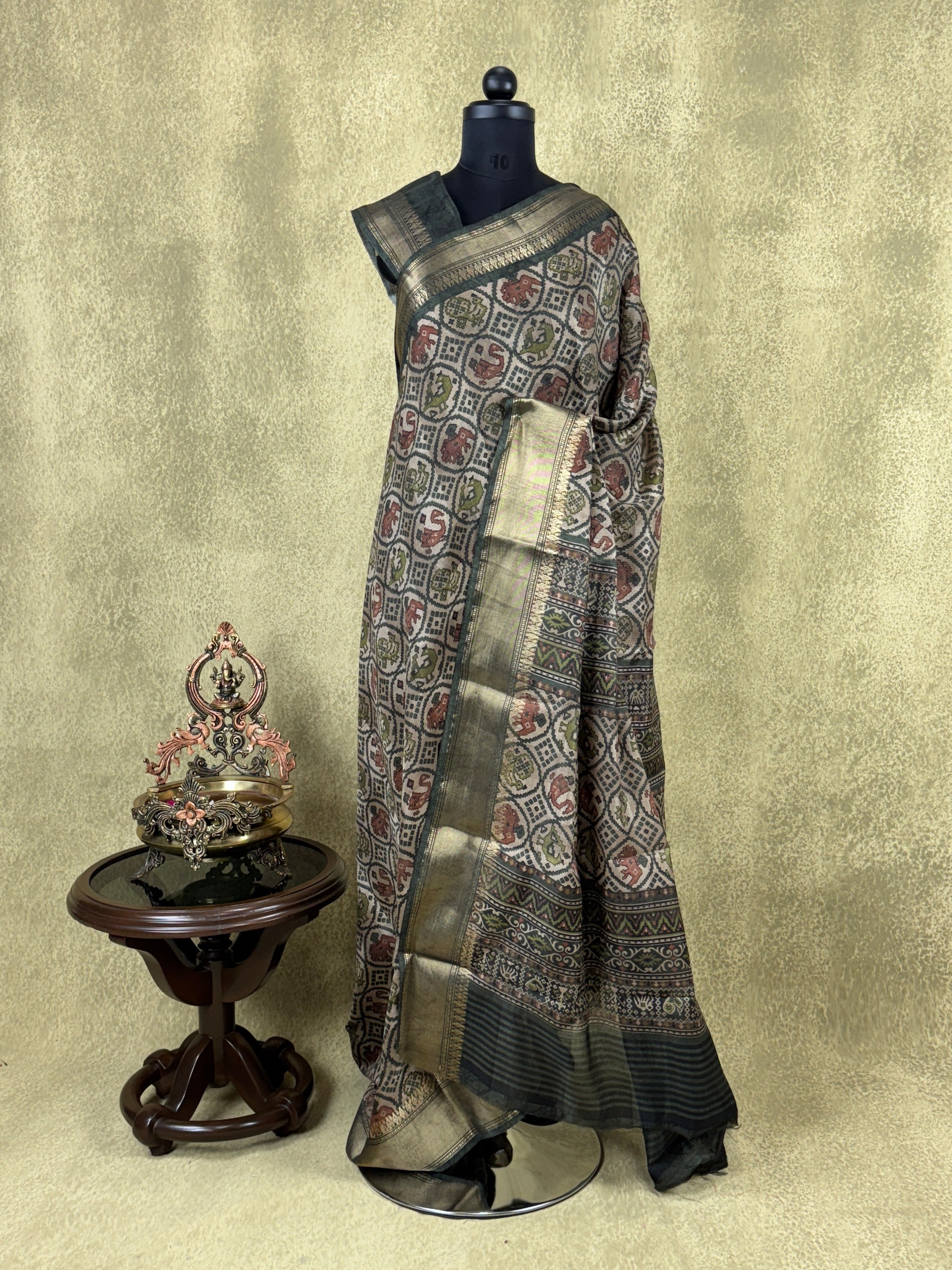 Beige with Traditional Animal Motifs - Chanderi Cotton Saree