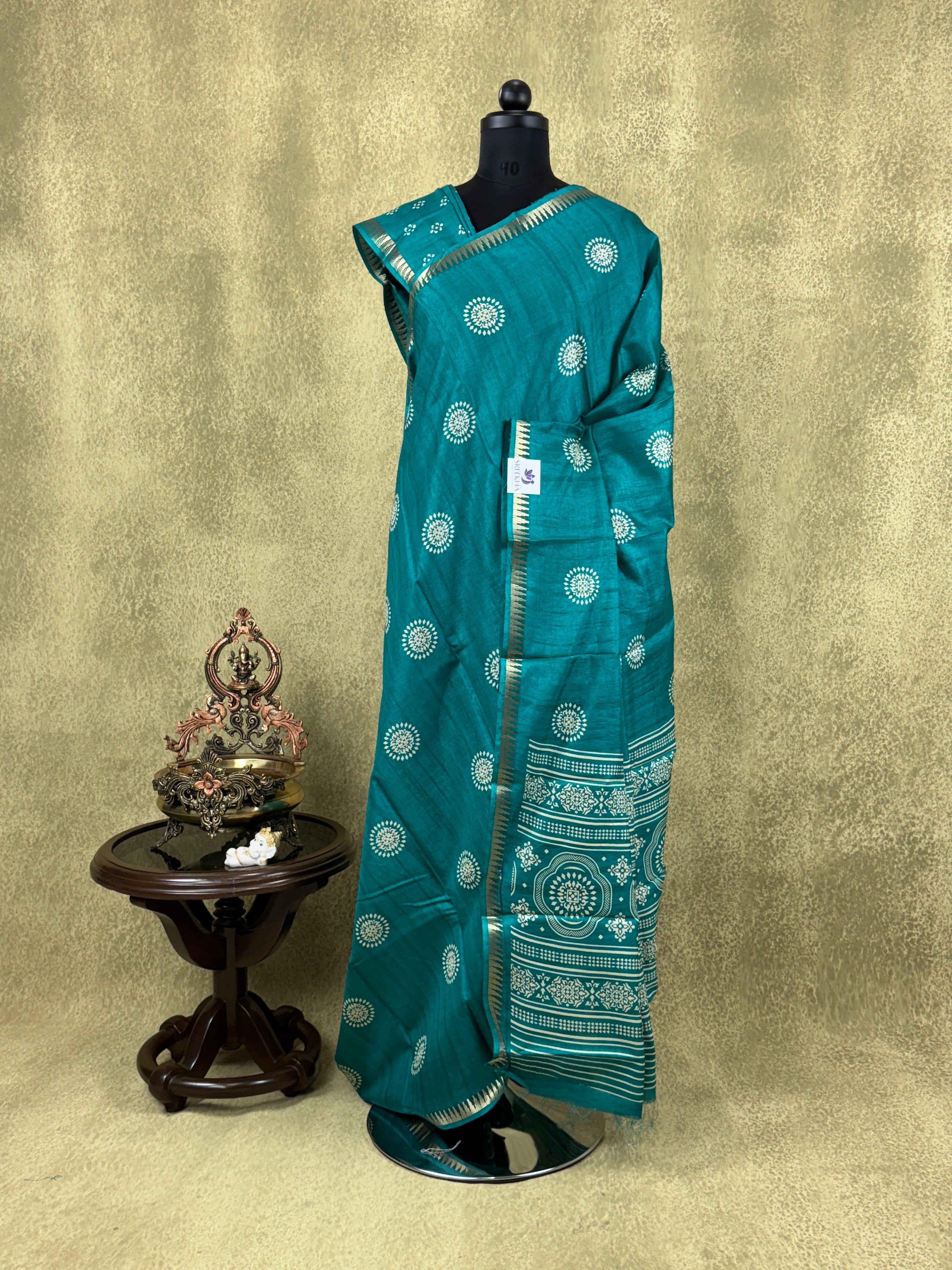 Vibrant Teal Blue with Mandala Motifs - Matka Cotton Saree