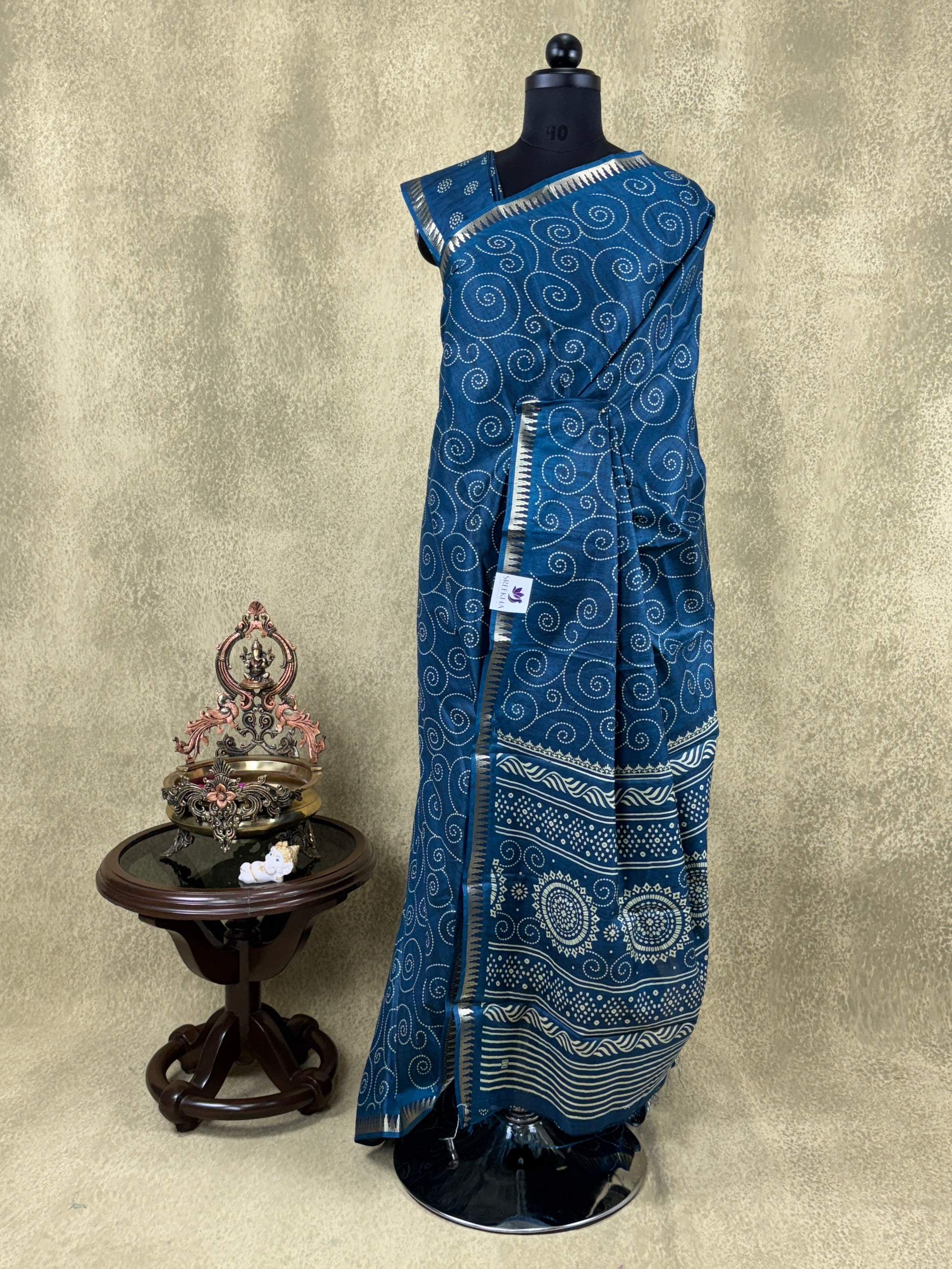 Deep Blue with Spiral Motifs- Matka Cotton Saree