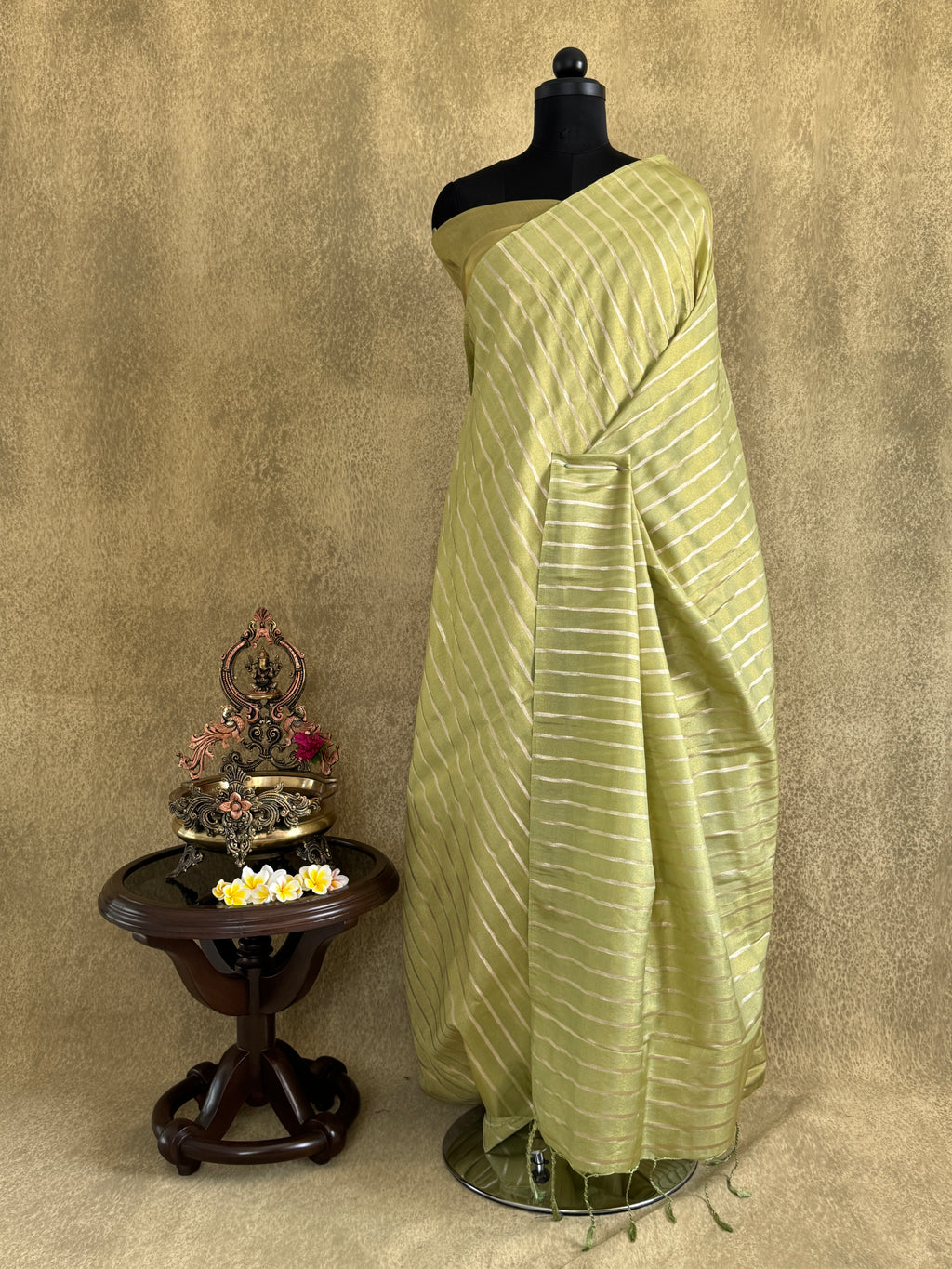 Green Tissue Saree with Gold Stripes
